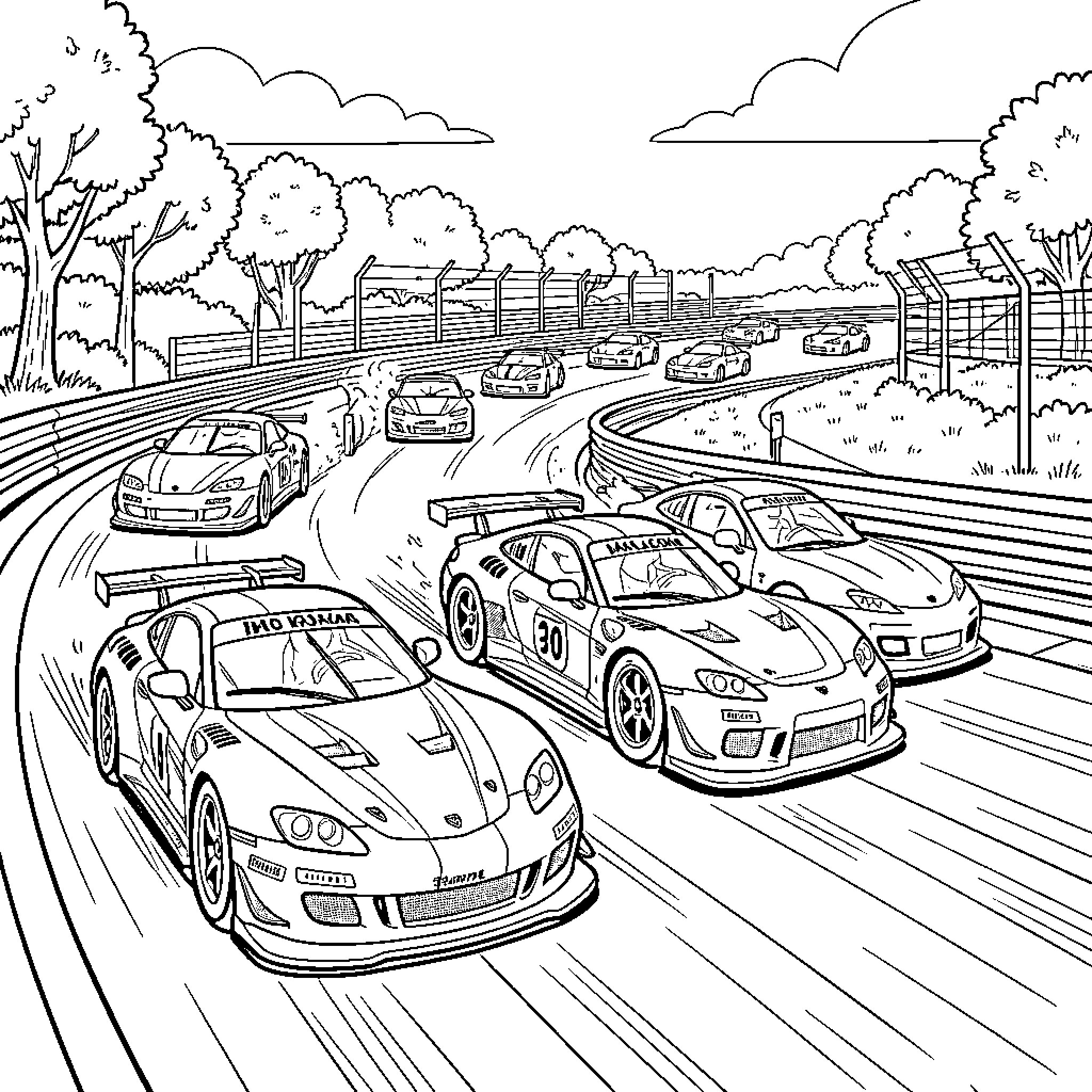 Race Car Competition on the Racetrack Coloring Page (free black-and-white line drawing printable PDF for all, from beginners to advanced learners, including children, teens, adults, and seniors)