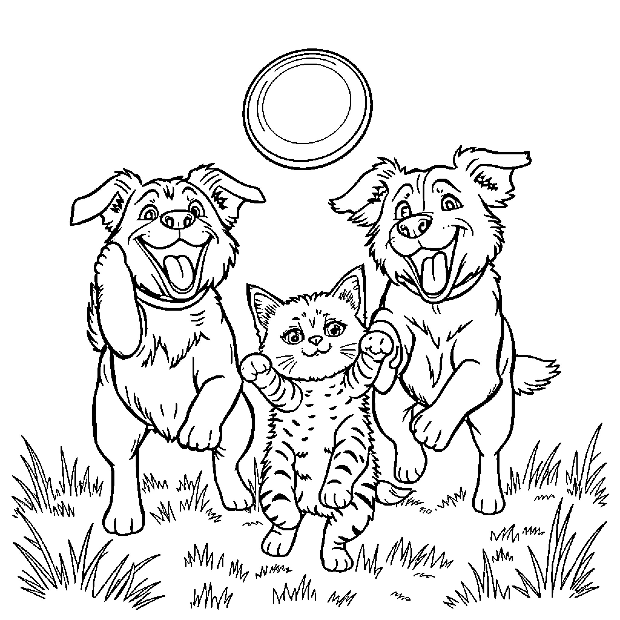 Dog friends playing joyfully with kitten in the grass Coloring Page (free black-and-white line drawing printable PDF for all, from beginners to advanced learners, including children, teens, adults, and seniors)