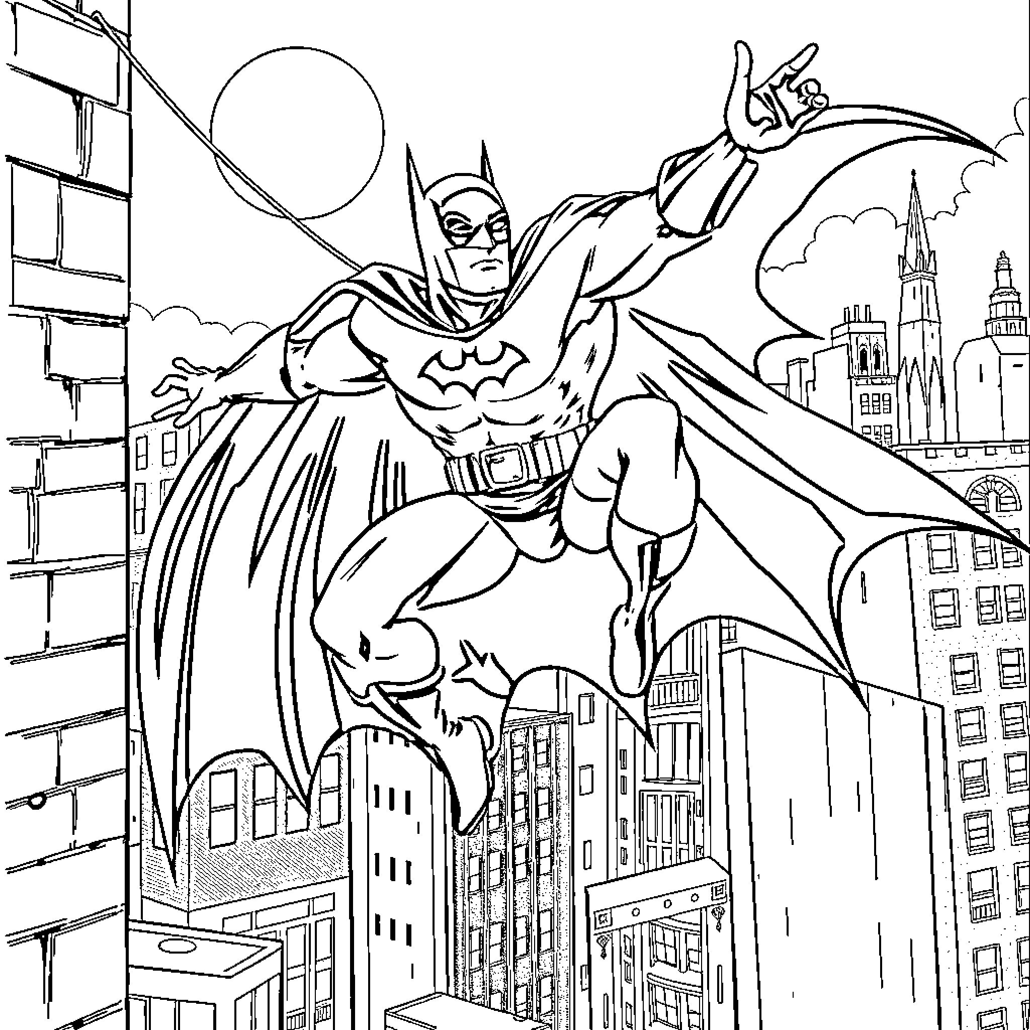 Batman soaring over the city skyline Coloring Page (free black-and-white line drawing printable PDF for all, from beginners to advanced learners, including children, teens, adults, and seniors)