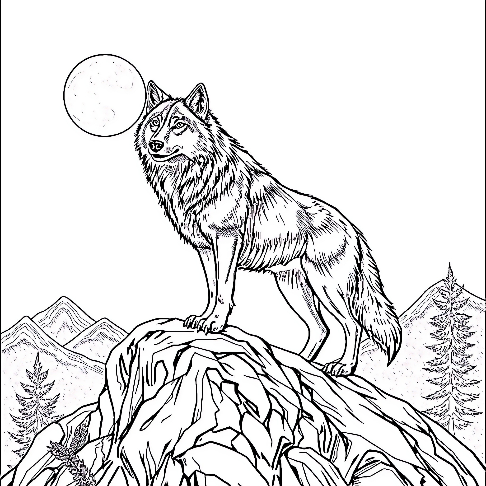 Wolf howling under the moonlight in the wilderness Coloring Page (free black-and-white line drawing printable PDF for all, from beginners to advanced learners, including children, teens, adults, and seniors)