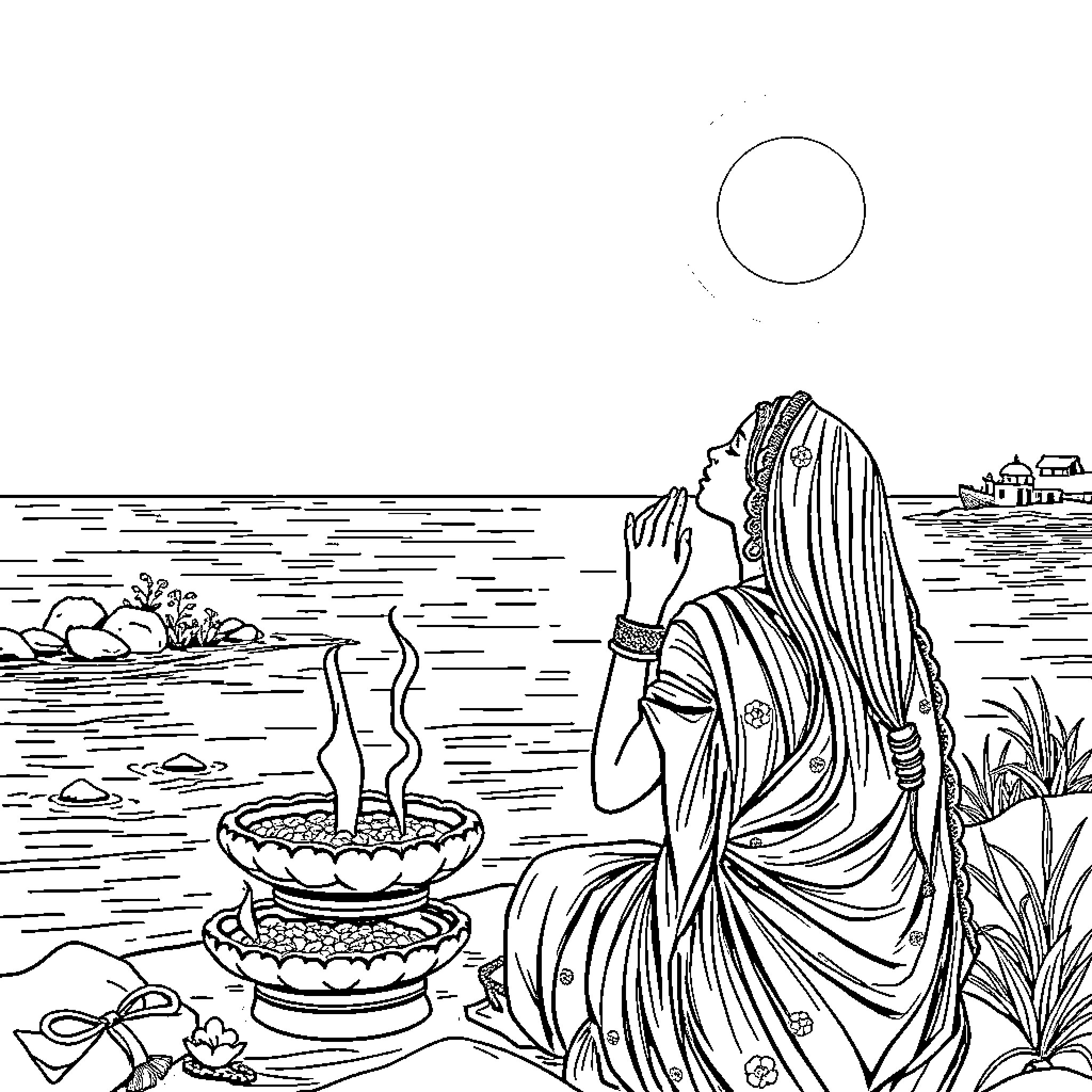 Puja by the tranquil lake Coloring Page (free black-and-white line drawing printable PDF for all, from beginners to advanced learners, including children, teens, adults, and seniors)