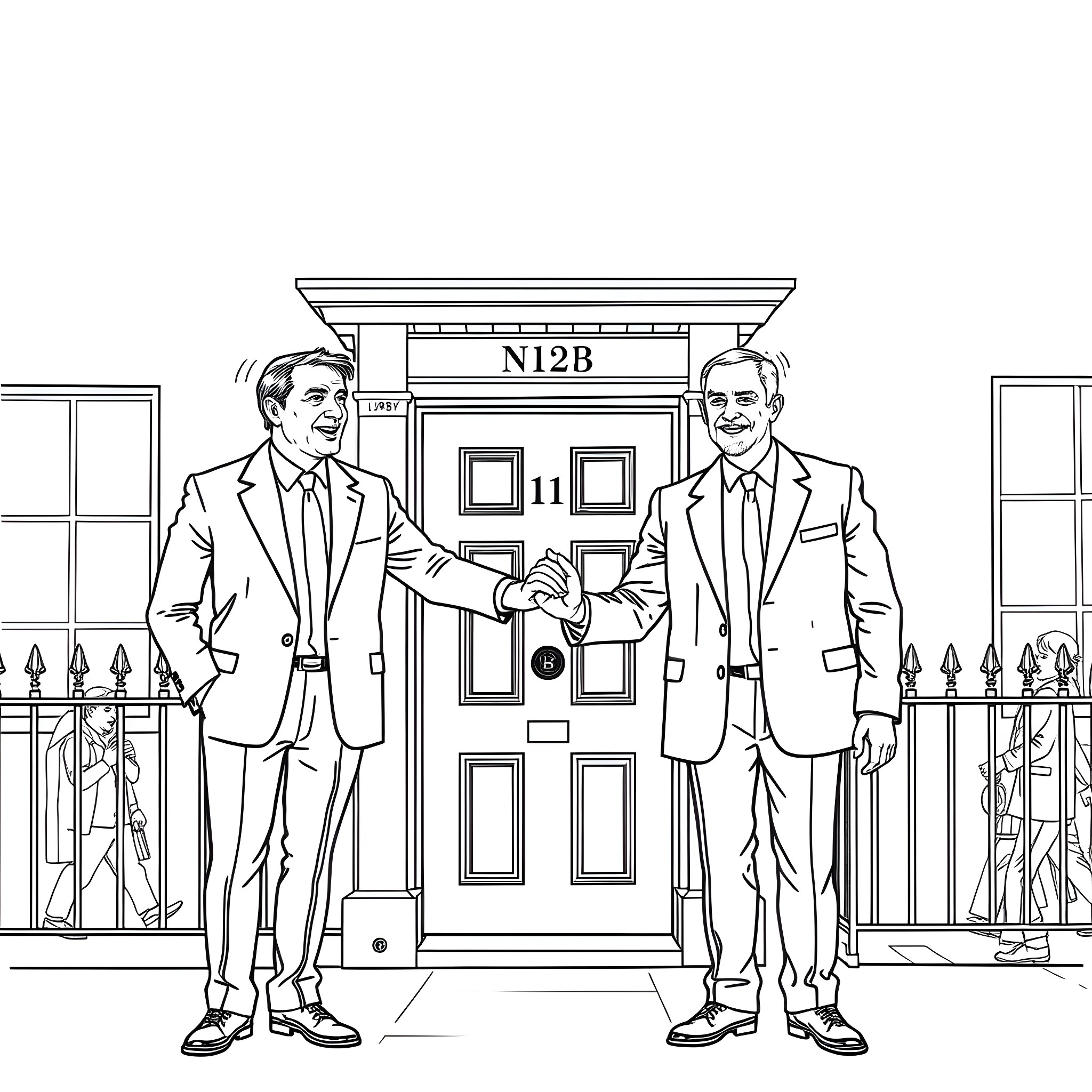 Keir Starmer Shaking Hands with a Colleague Outside a Building Coloring Page (free black-and-white line drawing printable PDF for all, from beginners to advanced learners, including children, teens, adults, and seniors)