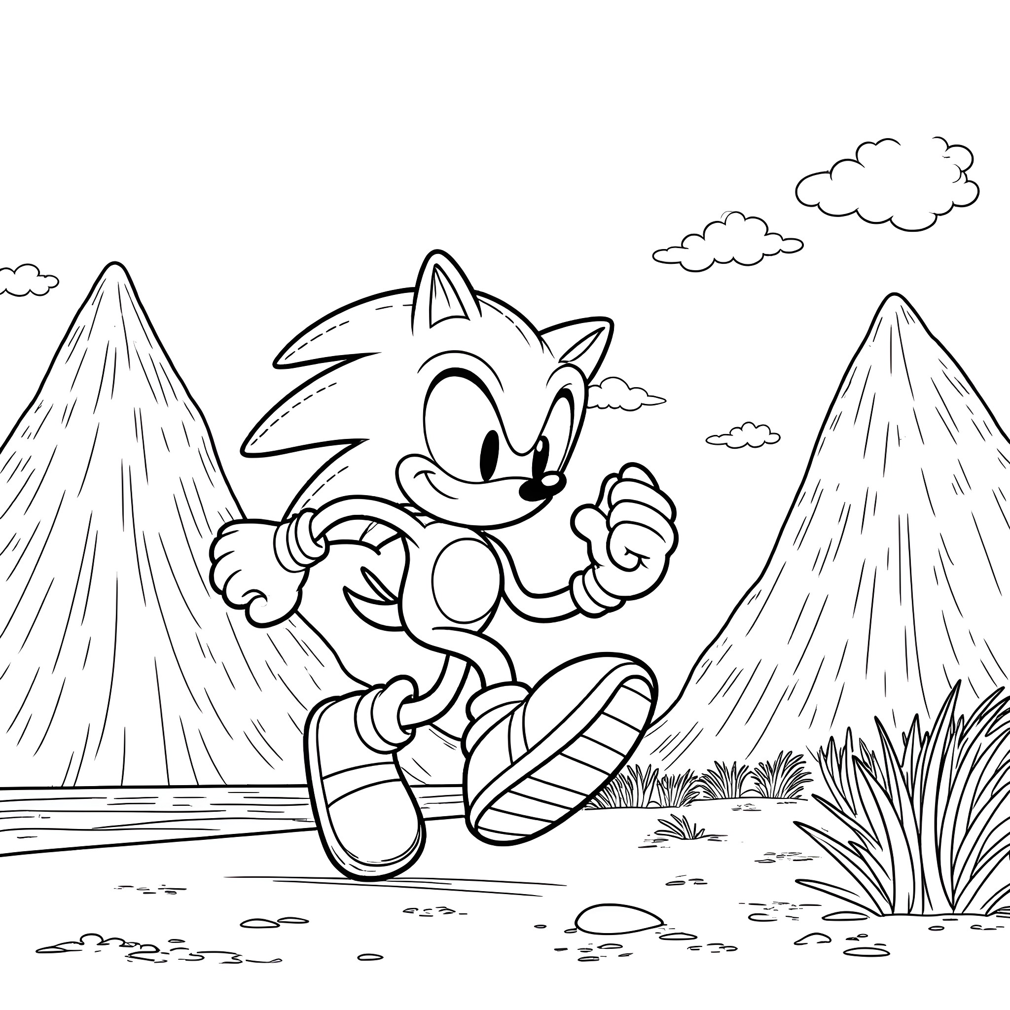 Sonic running through the scenic landscape Coloring Page (free black-and-white line drawing printable PDF for all, from beginners to advanced learners, including children, teens, adults, and seniors)
