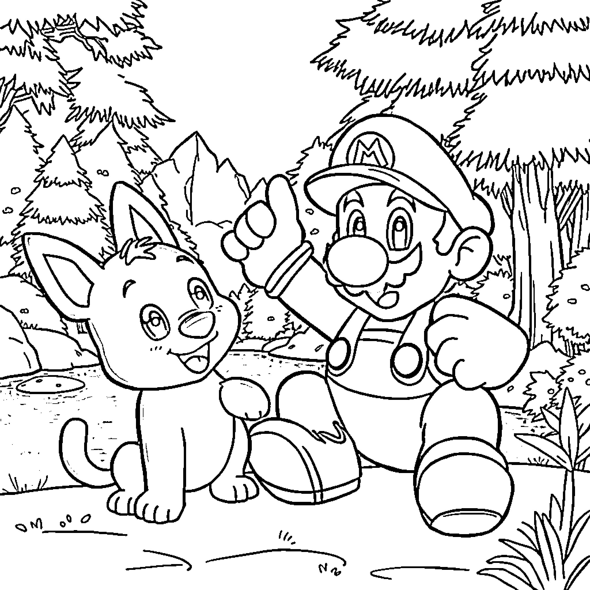 Bluey and Mario Exploring the Outdoors Coloring Page (free black-and-white line drawing printable PDF for all, from beginners to advanced learners, including children, teens, adults, and seniors)