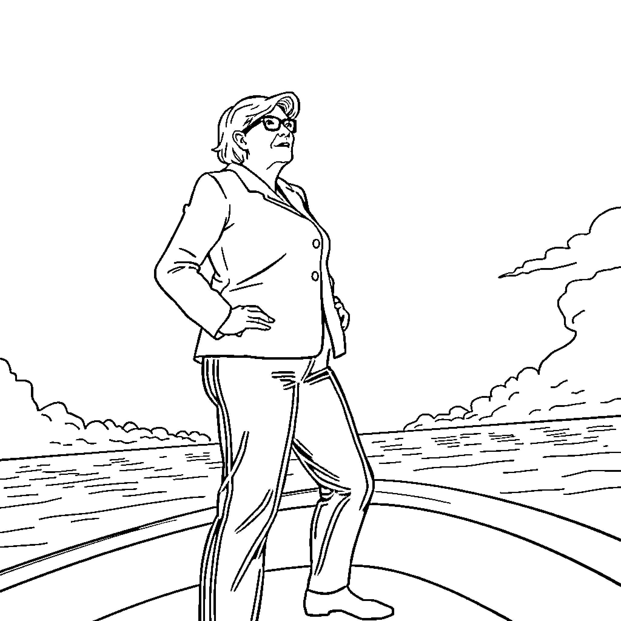 Marine Le Pen standing confidently in outdoor setting Coloring Page (free black-and-white line drawing printable PDF for all, from beginners to advanced learners, including children, teens, adults, and seniors)