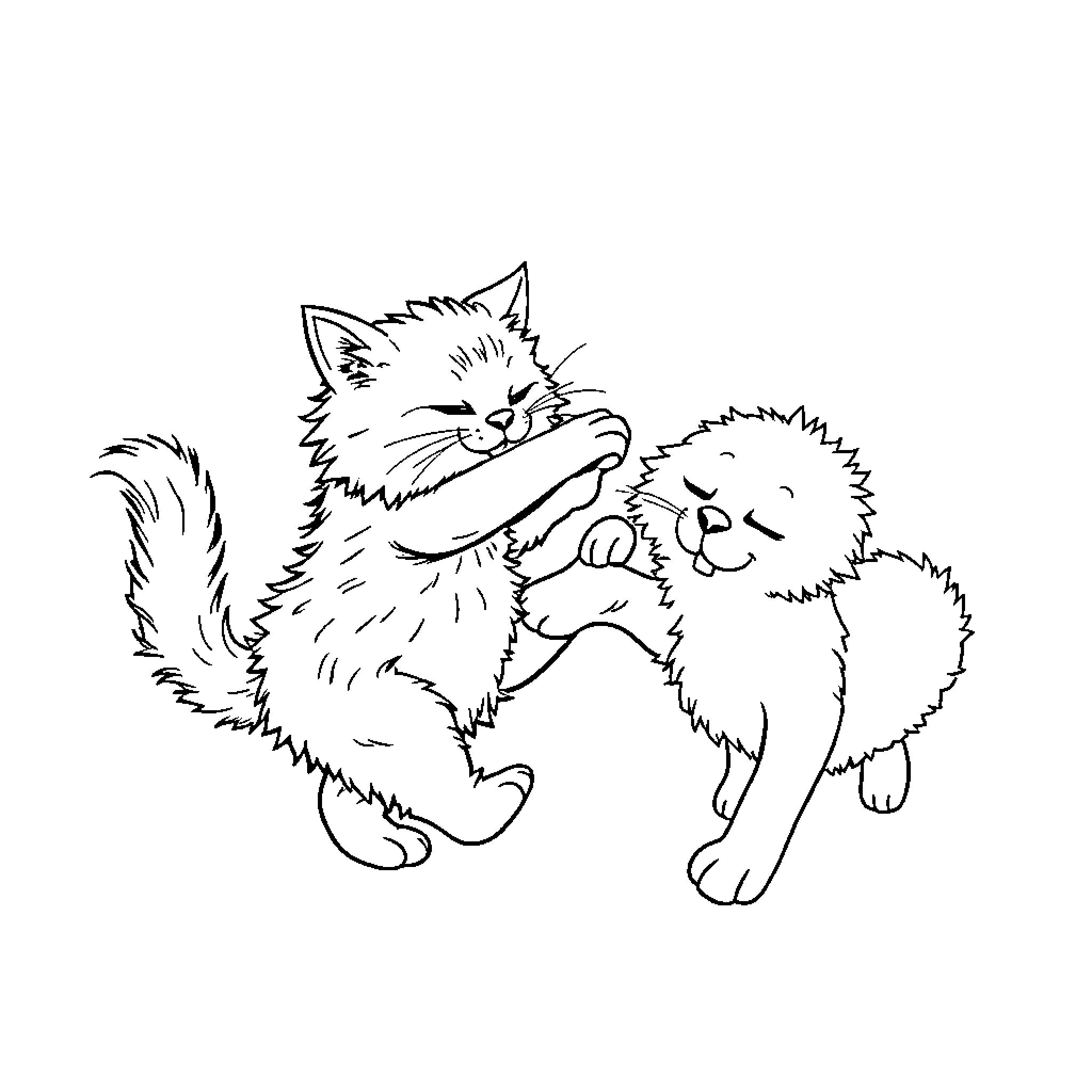 Cats playing joyfully together Coloring Page (free black-and-white line drawing printable PDF for all, from beginners to advanced learners, including children, teens, adults, and seniors)