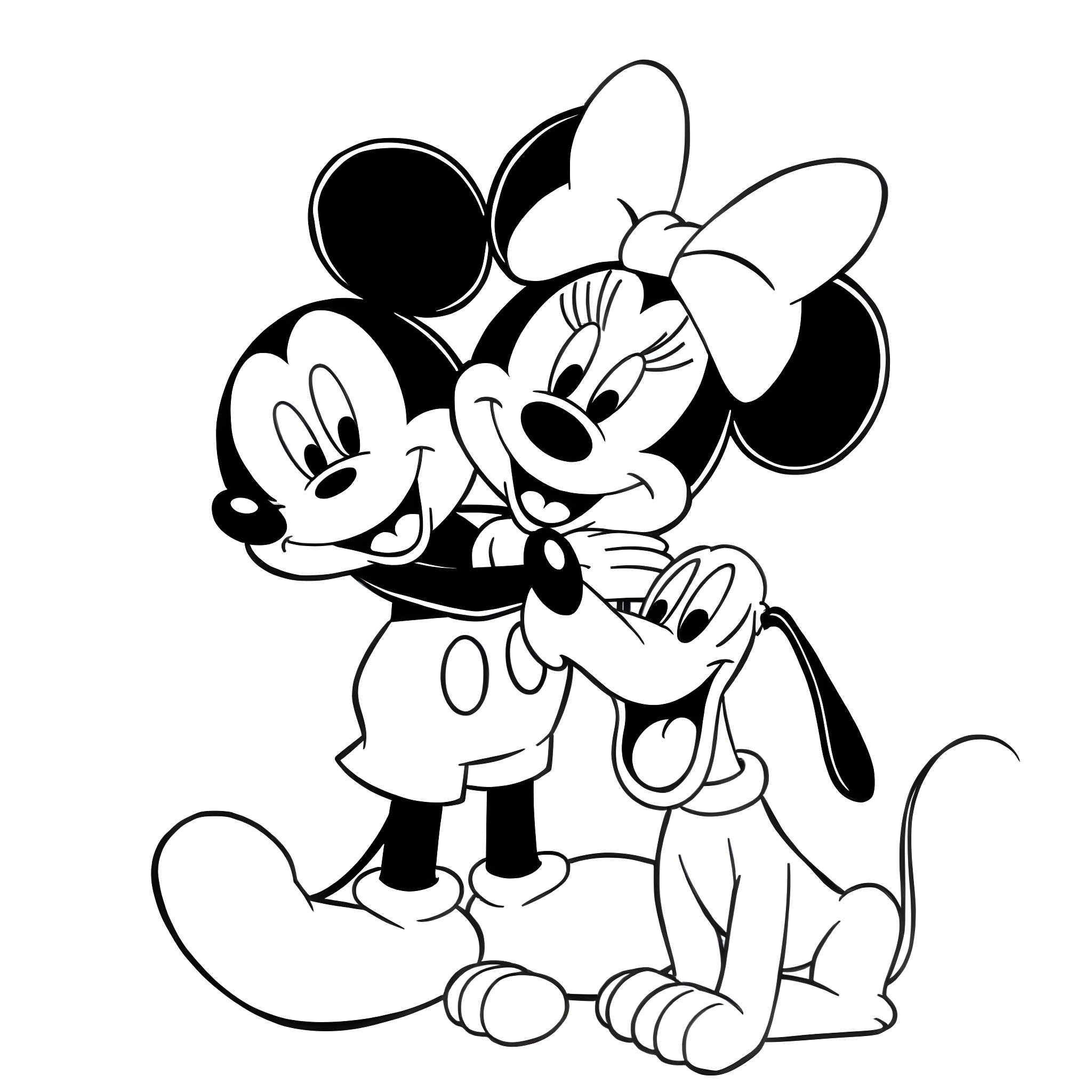 Mickey Mouse and Minnie Mouse in Affectionate Embrace Coloring Page (free black-and-white line drawing printable PDF for all, from beginners to advanced learners, including children, teens, adults, and seniors)