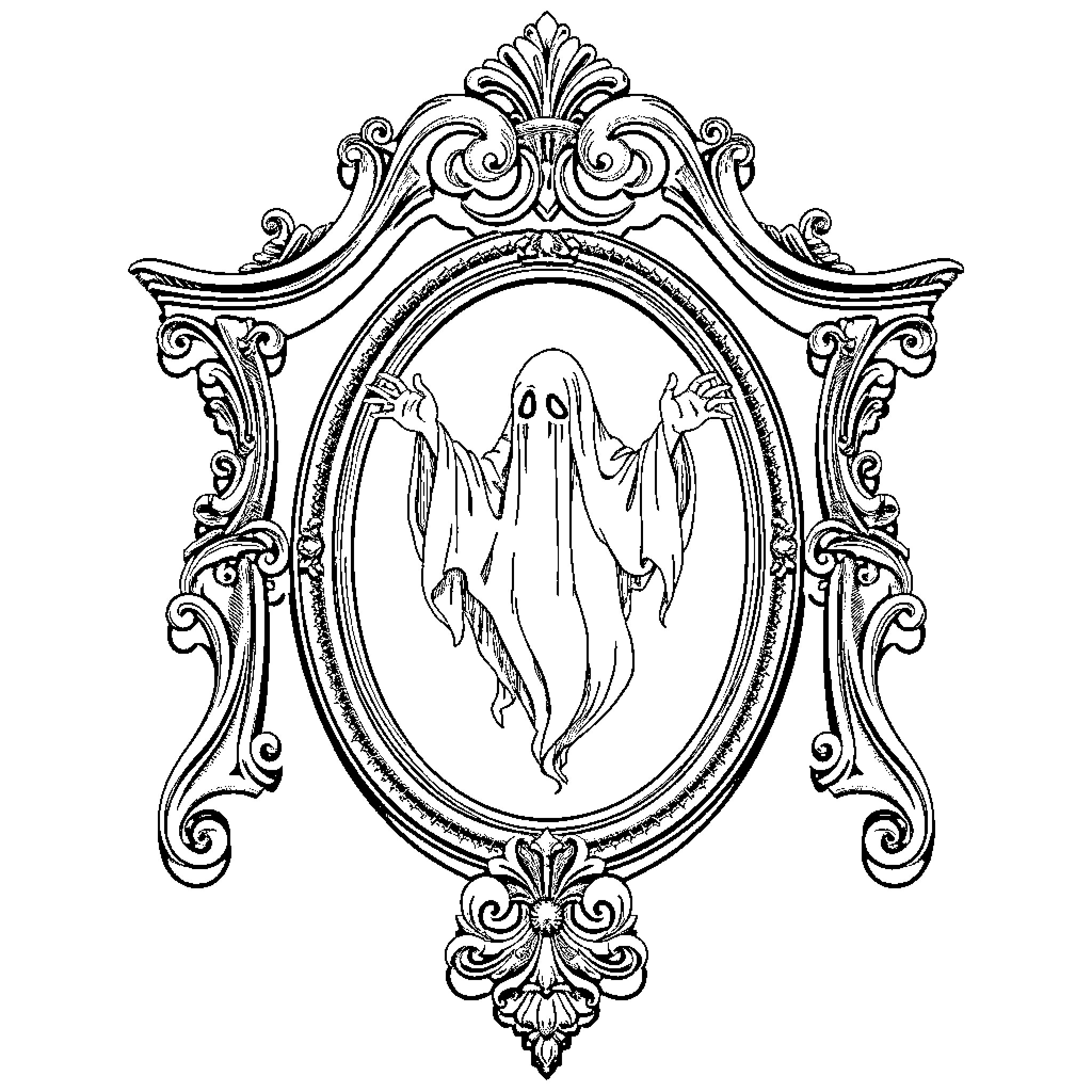 Ghost Spirits Haunting Ornate Antique Frame Coloring Page (free black-and-white line drawing printable PDF for all, from beginners to advanced learners, including children, teens, adults, and seniors)
