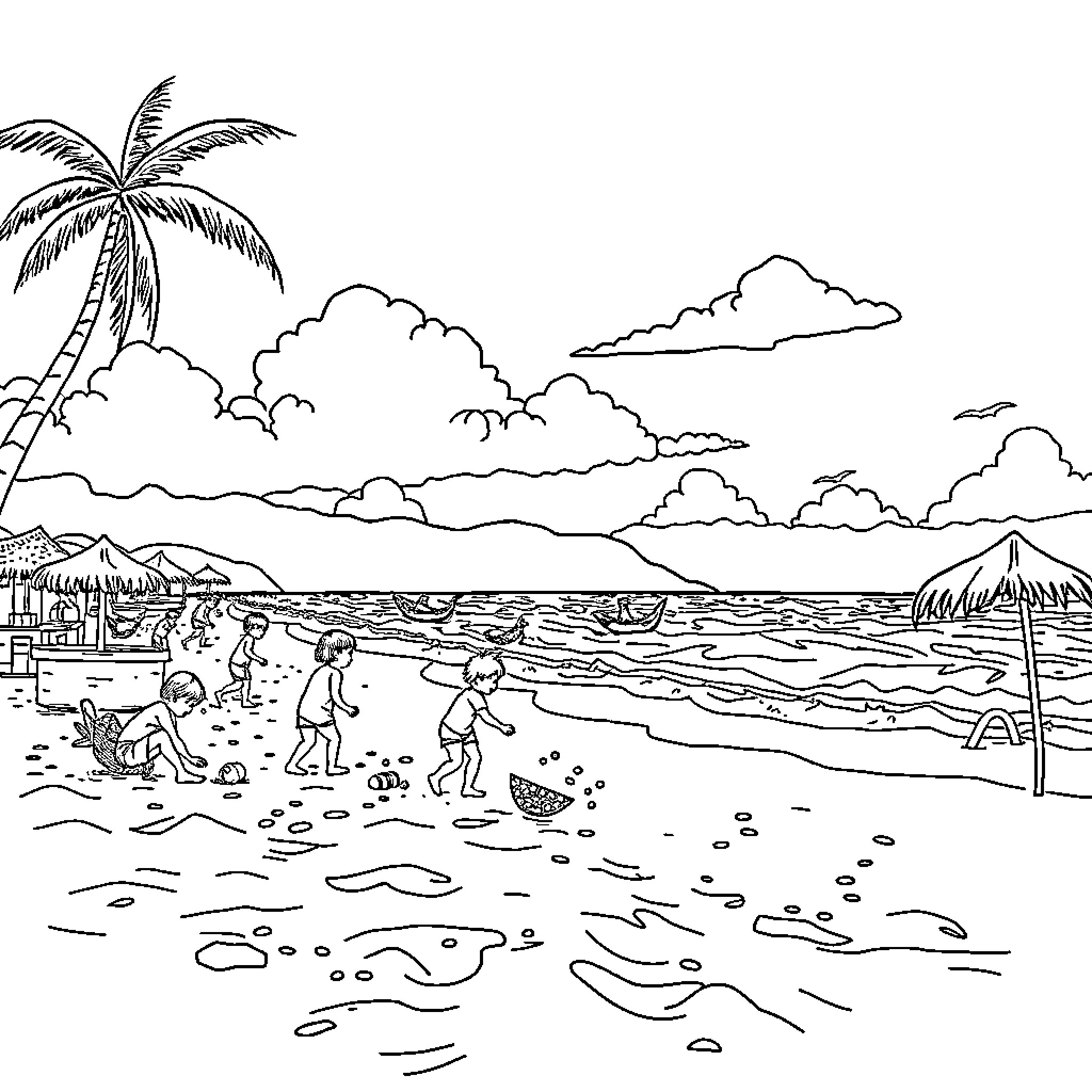 PEPA PLAYA people playing on the beach Coloring Page (free black-and-white line drawing printable PDF for all, from beginners to advanced learners, including children, teens, adults, and seniors)