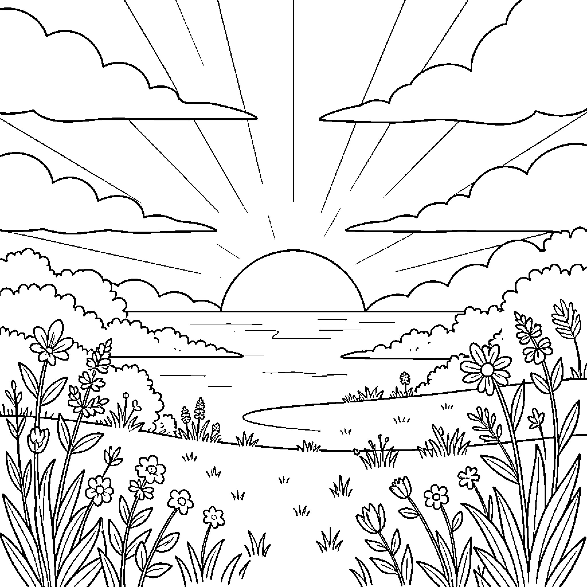 Sunrise over a peaceful landscape with blooming flowers Coloring Page (free black-and-white line drawing printable PDF for all, from beginners to advanced learners, including children, teens, adults, and seniors)