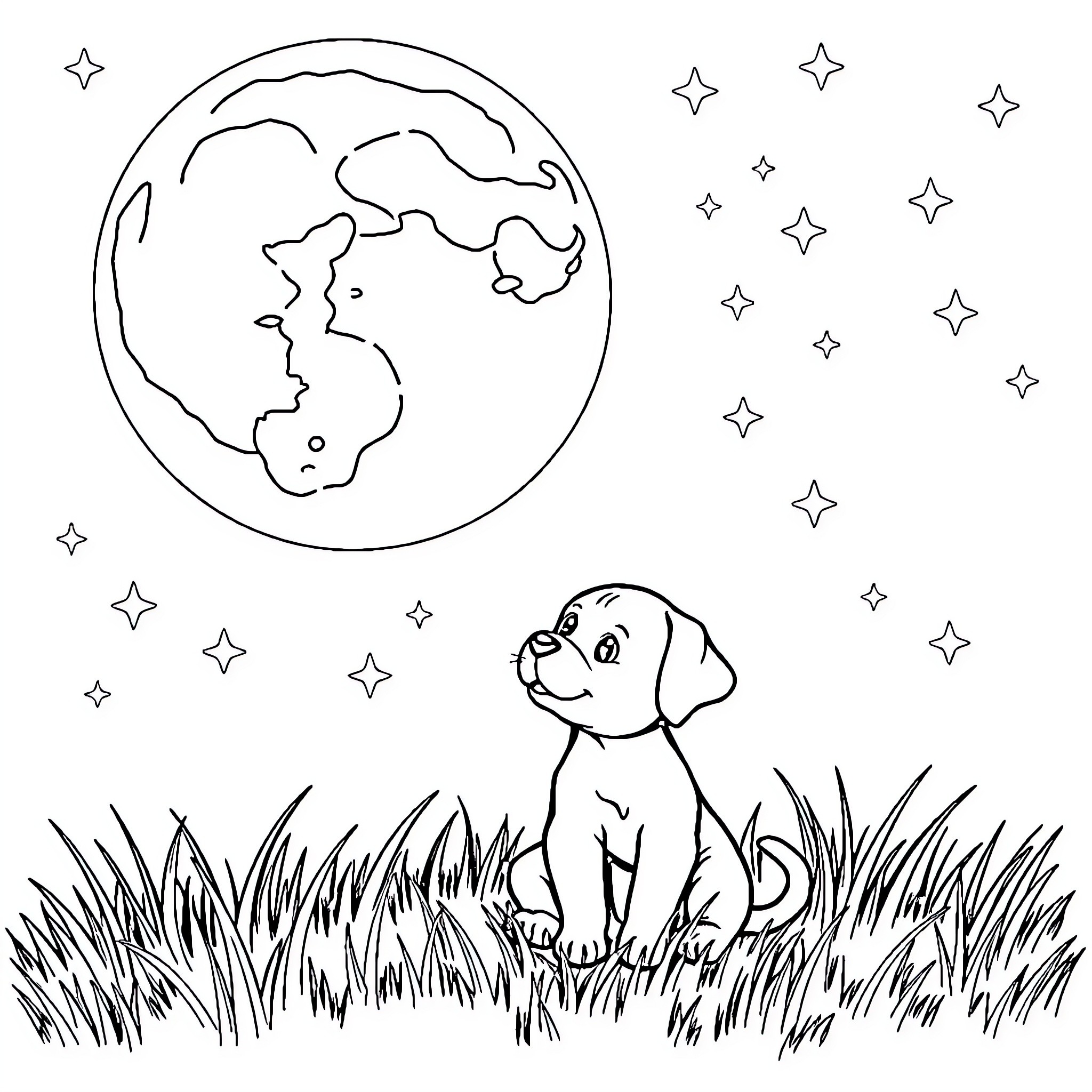 Puppy gazing at the starry night sky Coloring Page (free black-and-white line drawing printable PDF for all, from beginners to advanced learners, including children, teens, adults, and seniors)