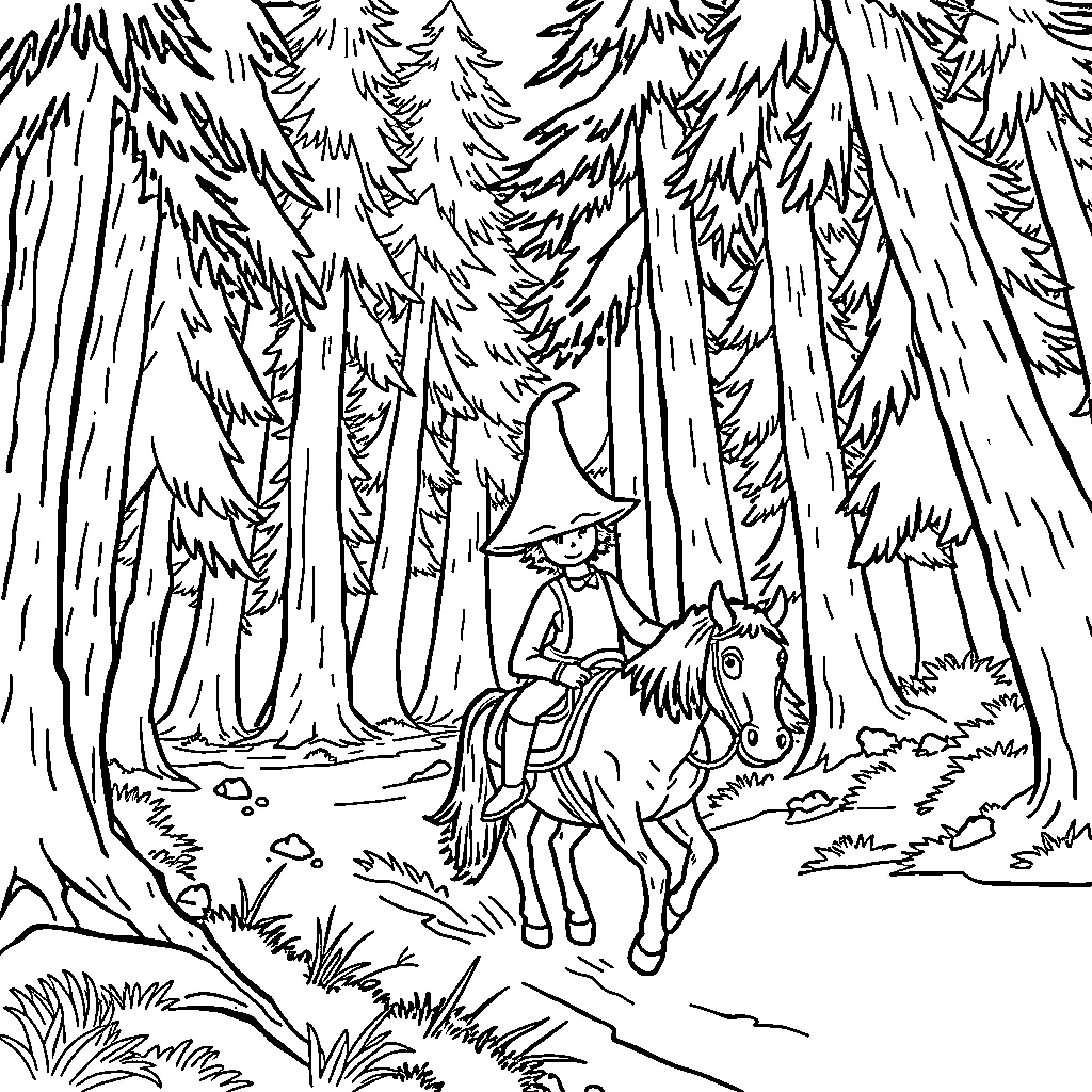 Mushroom Man Riding a Horse in the Forest Coloring Page (free black-and-white line drawing printable PDF for all, from beginners to advanced learners, including children, teens, adults, and seniors)
