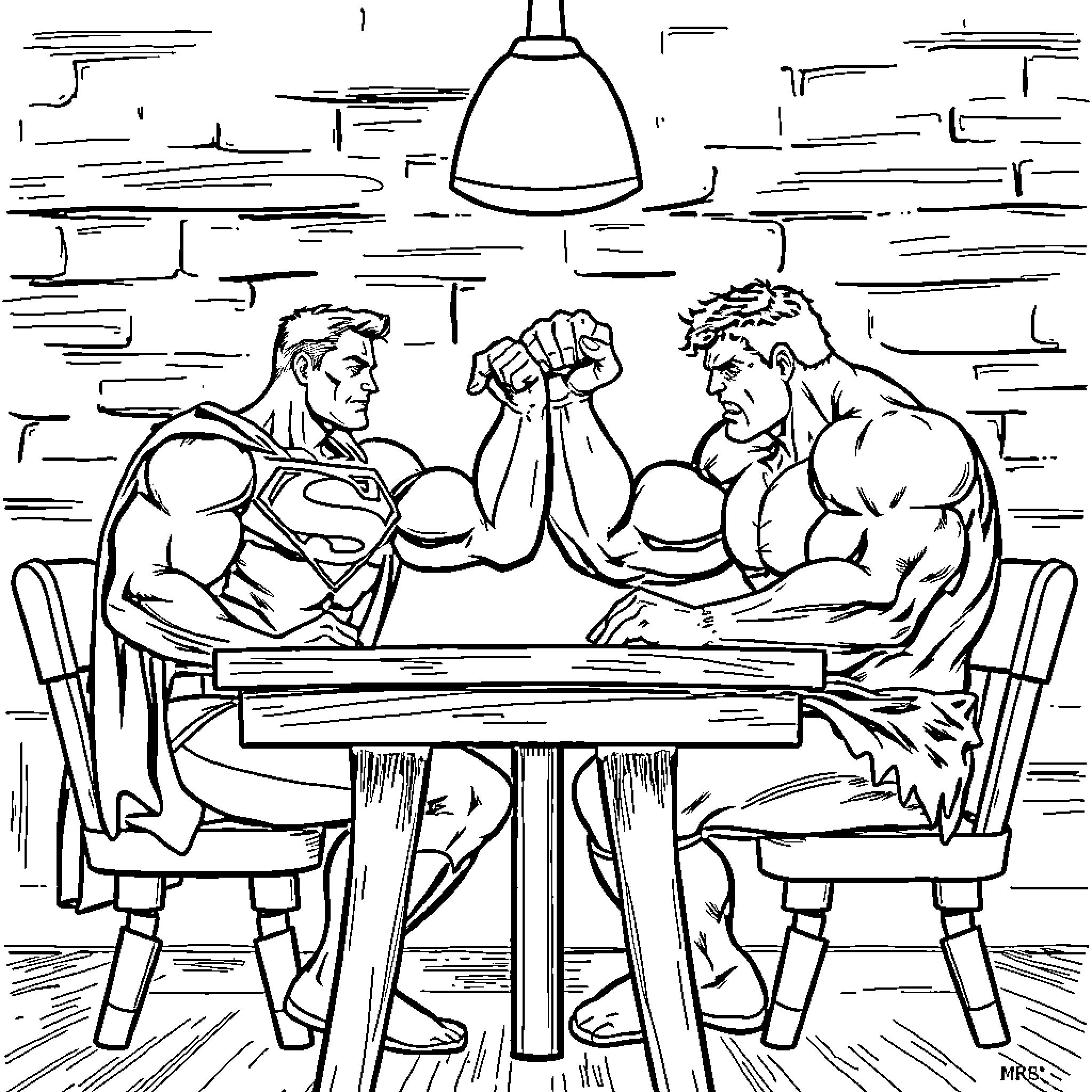 Superman arm wrestling with a muscular opponent Coloring Page (free black-and-white line drawing printable PDF for all, from beginners to advanced learners, including children, teens, adults, and seniors)