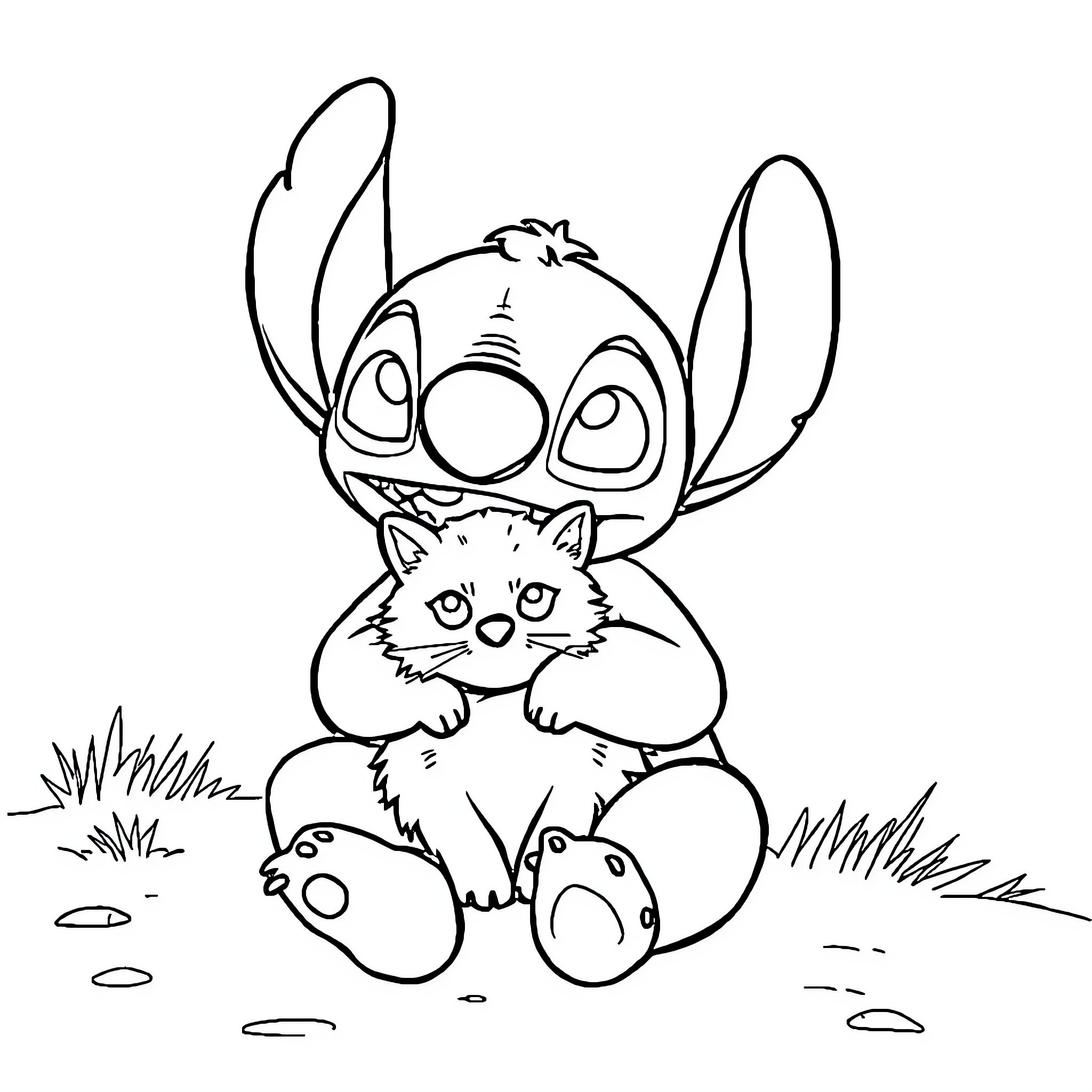 Stitch cuddling a cute furry animal Coloring Page (free black-and-white line drawing printable PDF for all, from beginners to advanced learners, including children, teens, adults, and seniors)