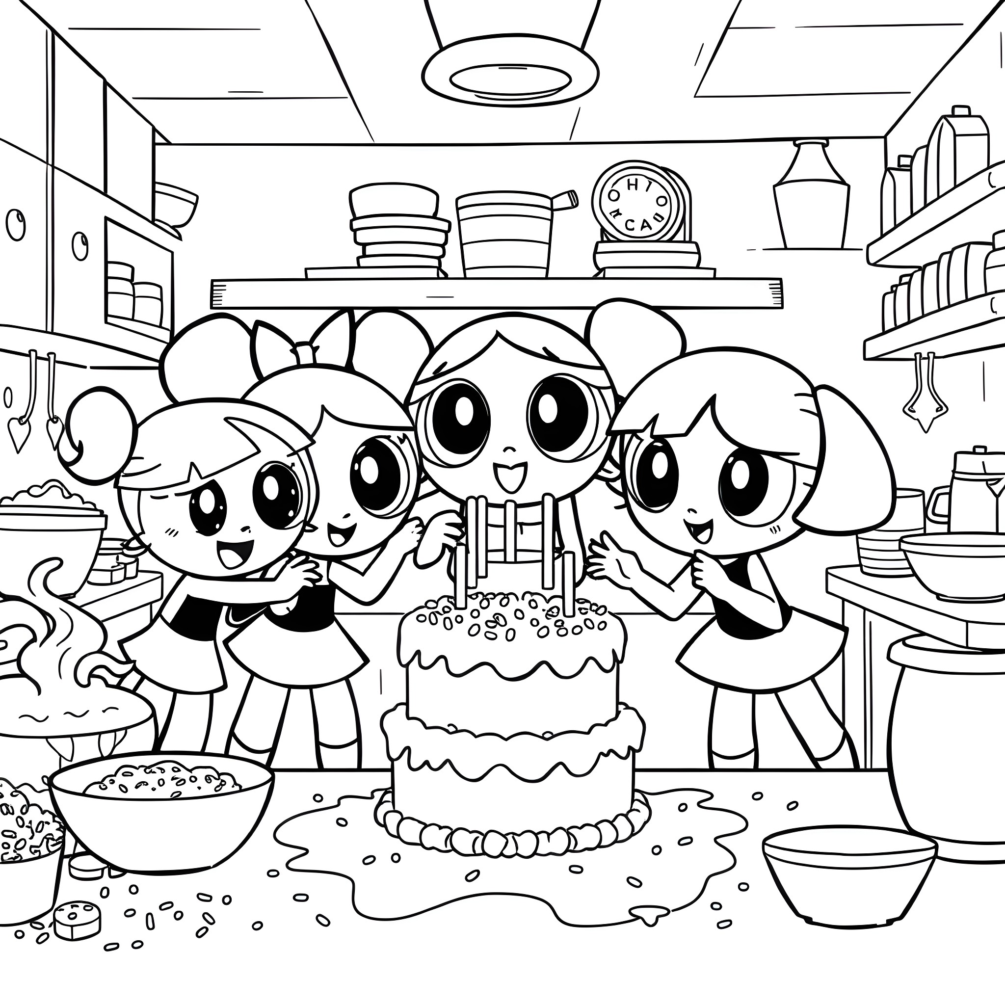 Powerpuff Girls Celebrating with a Birthday Cake Coloring Page (free black-and-white line drawing printable PDF for all, from beginners to advanced learners, including children, teens, adults, and seniors)