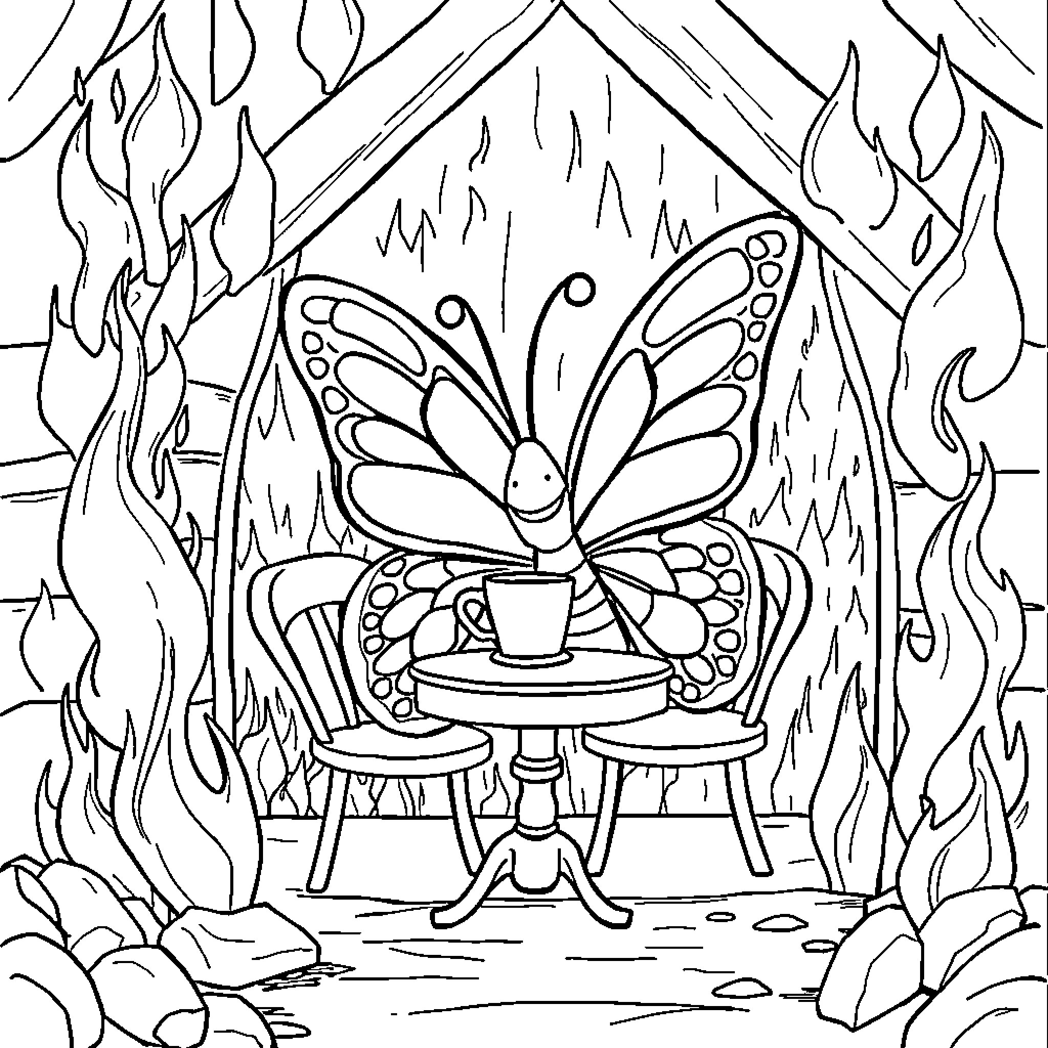 Butterfly enjoying a cozy fire Coloring Page (free black-and-white line drawing printable PDF for all, from beginners to advanced learners, including children, teens, adults, and seniors)