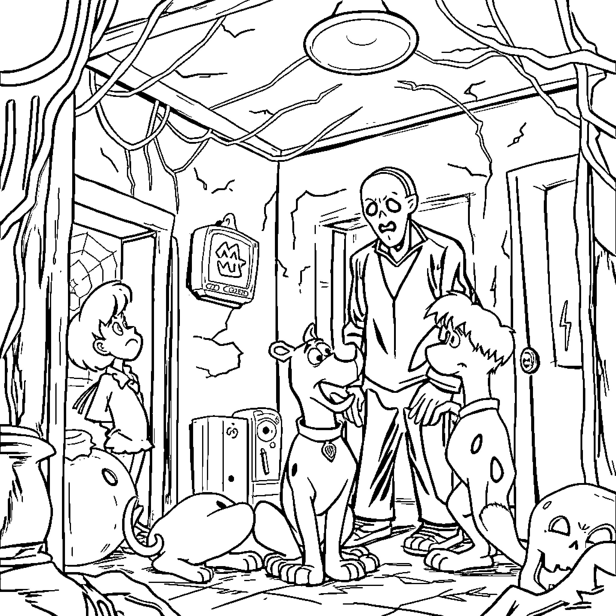 Scooby Doo and the Spooky Haunted House Coloring Page (free black-and-white line drawing printable PDF for all, from beginners to advanced learners, including children, teens, adults, and seniors)
