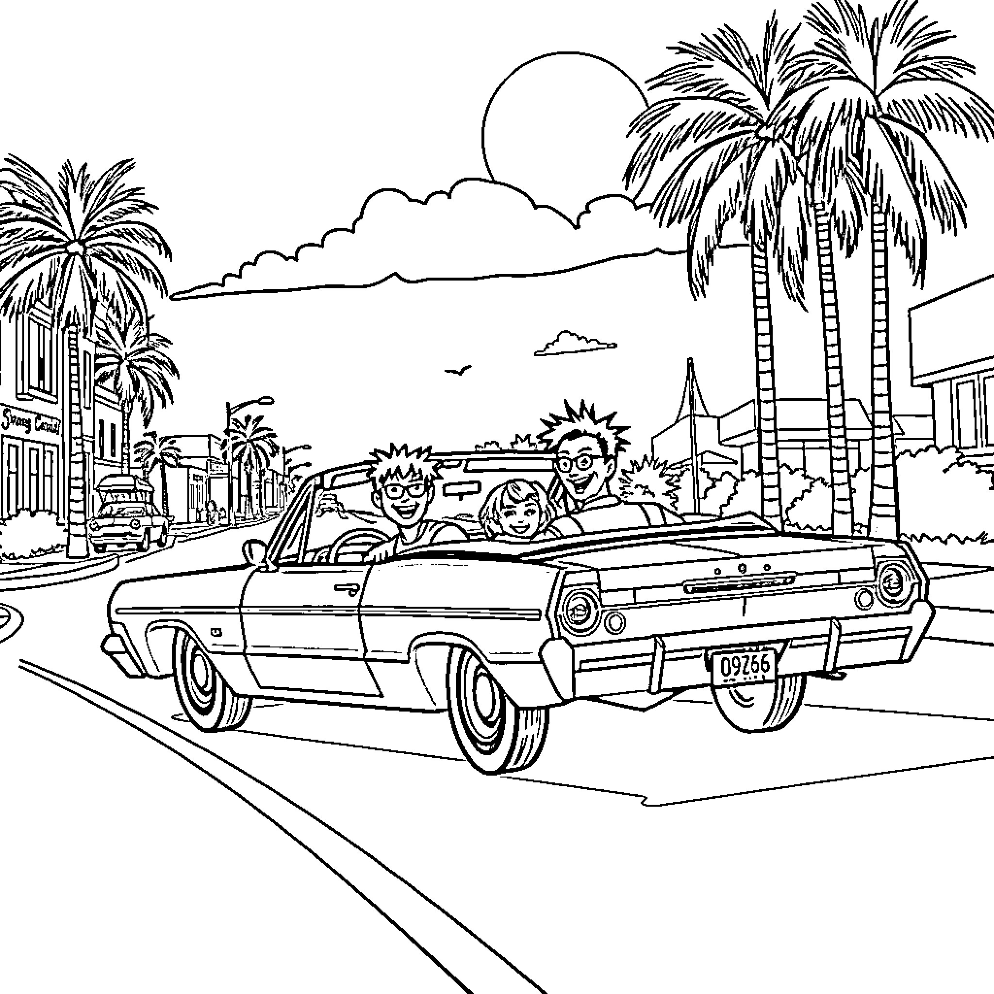 Cheech and Chong's Coastal Road Trip Coloring Page (free black-and-white line drawing printable PDF for all, from beginners to advanced learners, including children, teens, adults, and seniors)