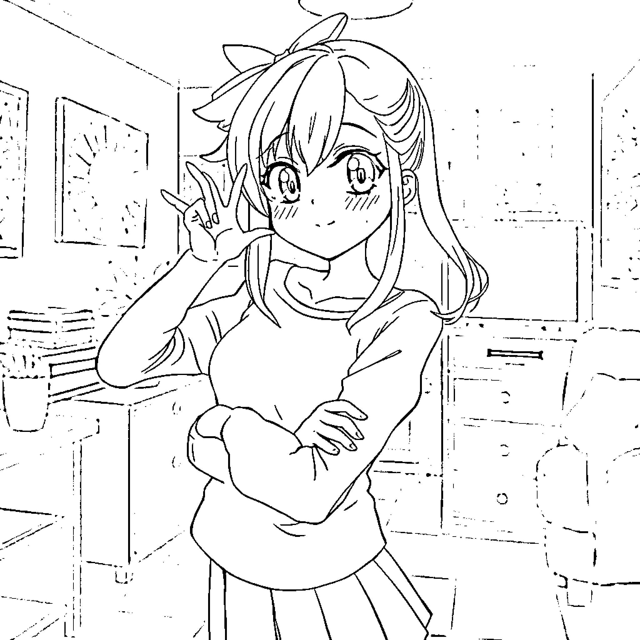 Waifu making a cute gesture in her bedroom Coloring Page (free black-and-white line drawing printable PDF for all, from beginners to advanced learners, including children, teens, adults, and seniors)