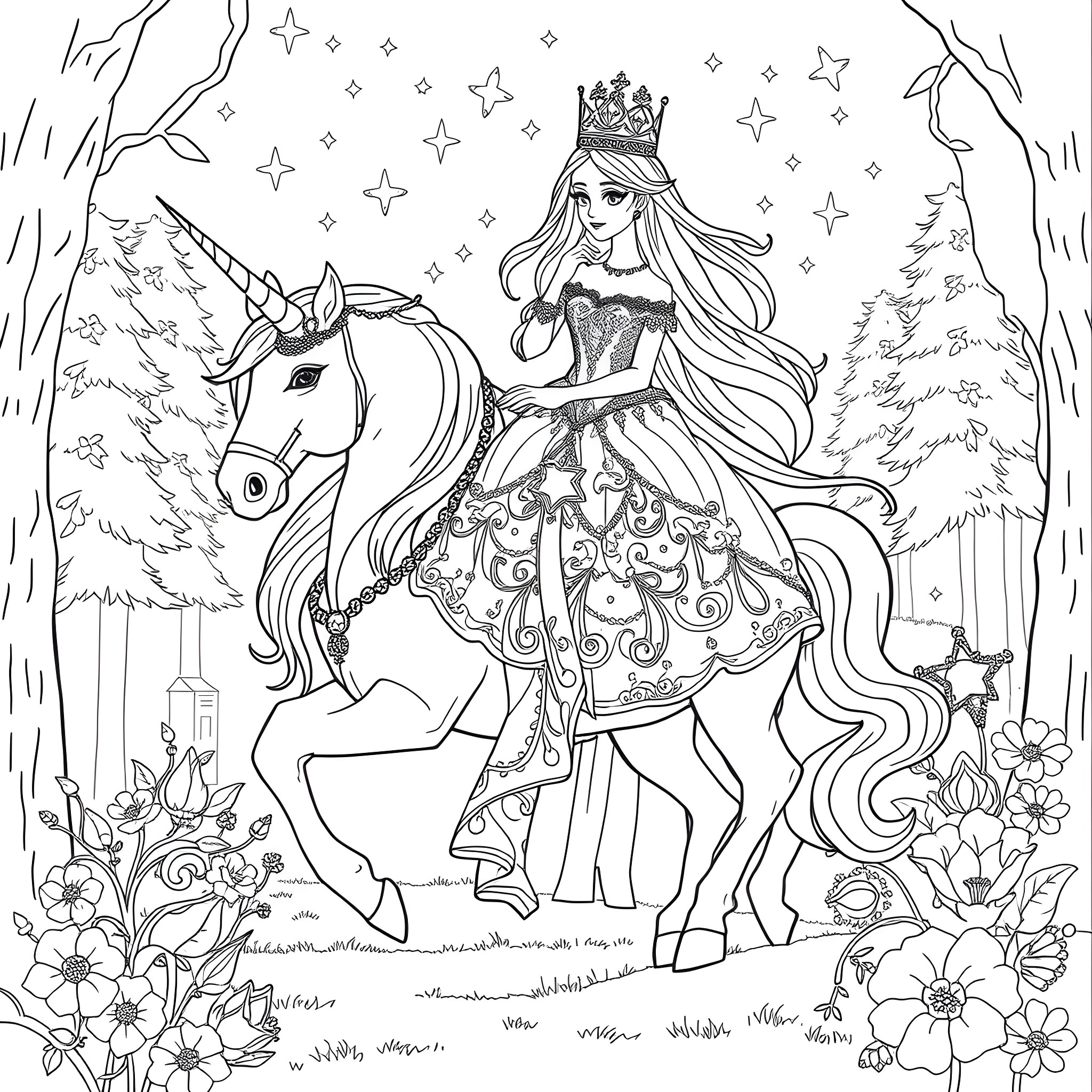 Princess Riding Enchanted Unicorn in Magical Forest Coloring Page (free black-and-white line drawing printable PDF for all, from beginners to advanced learners, including children, teens, adults, and seniors)