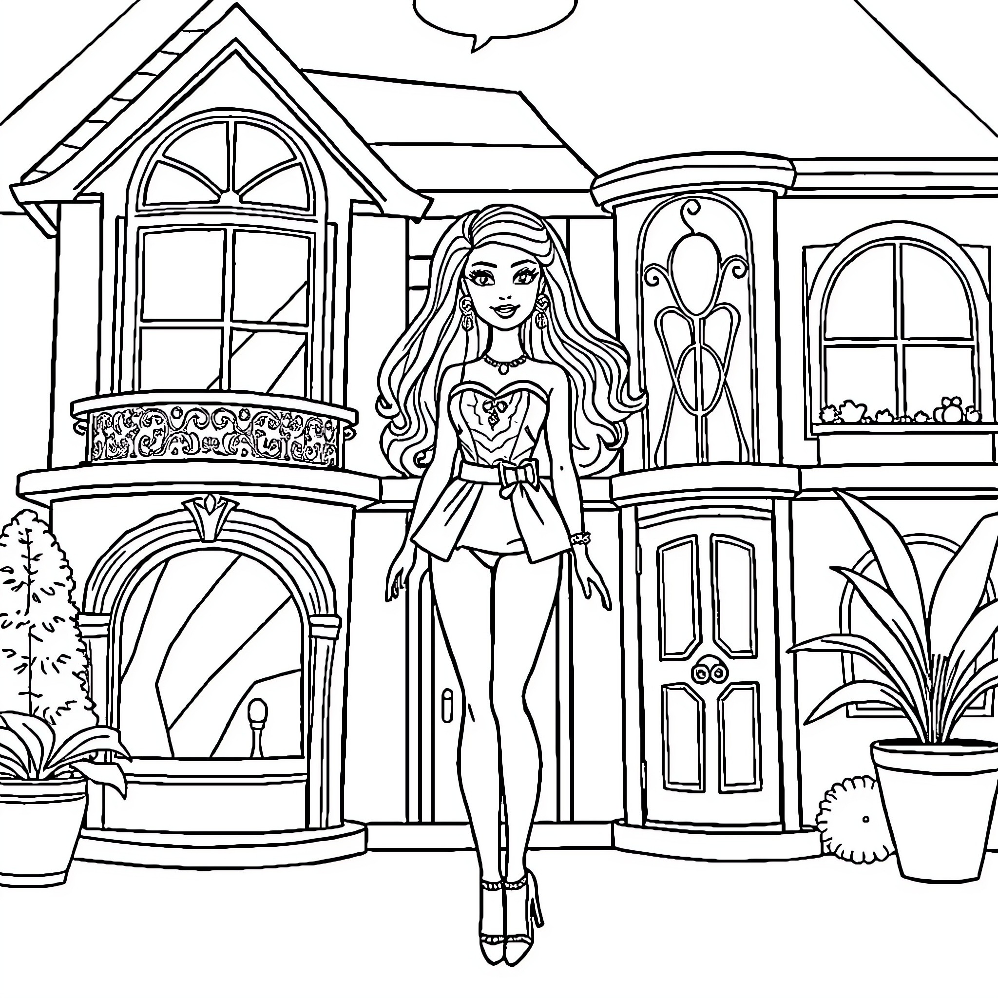 Barbie exploring a stylish mansion Coloring Page (free black-and-white line drawing printable PDF for all, from beginners to advanced learners, including children, teens, adults, and seniors)