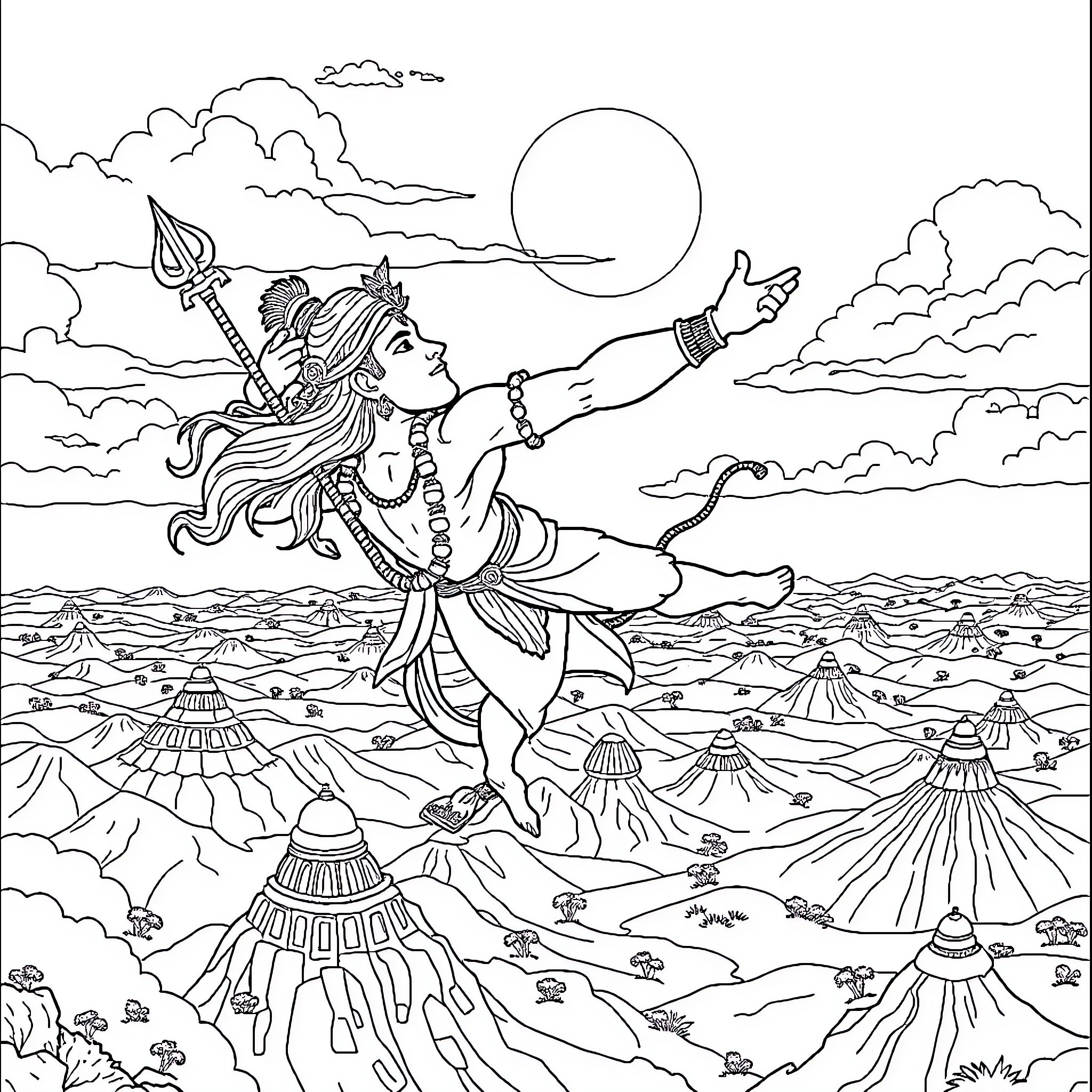 Hanuman leaping across the cosmic landscape Coloring Page (free black-and-white line drawing printable PDF for all, from beginners to advanced learners, including children, teens, adults, and seniors)