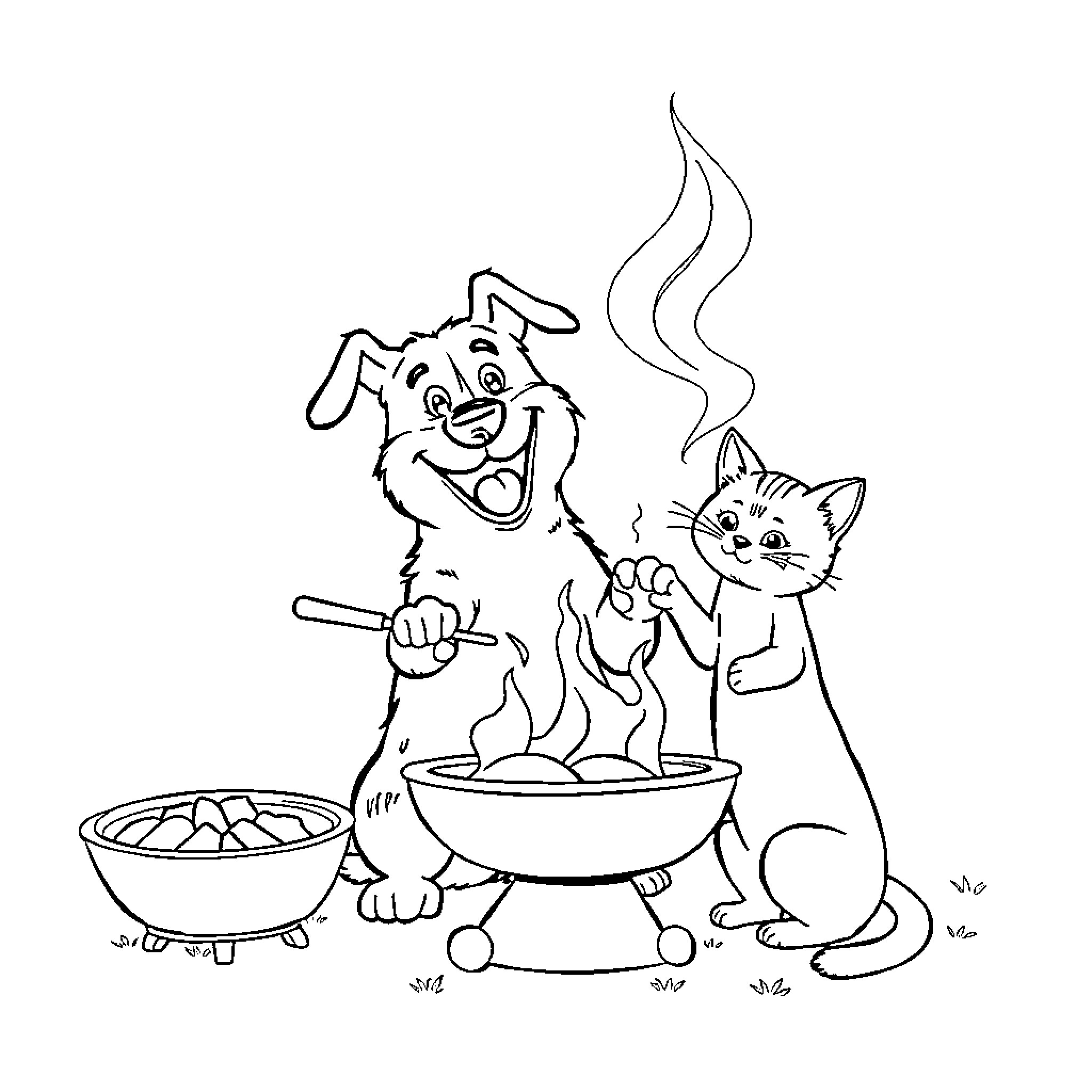Chien and Cat Cooking Together Coloring Page (free black-and-white line drawing printable PDF for all, from beginners to advanced learners, including children, teens, adults, and seniors)