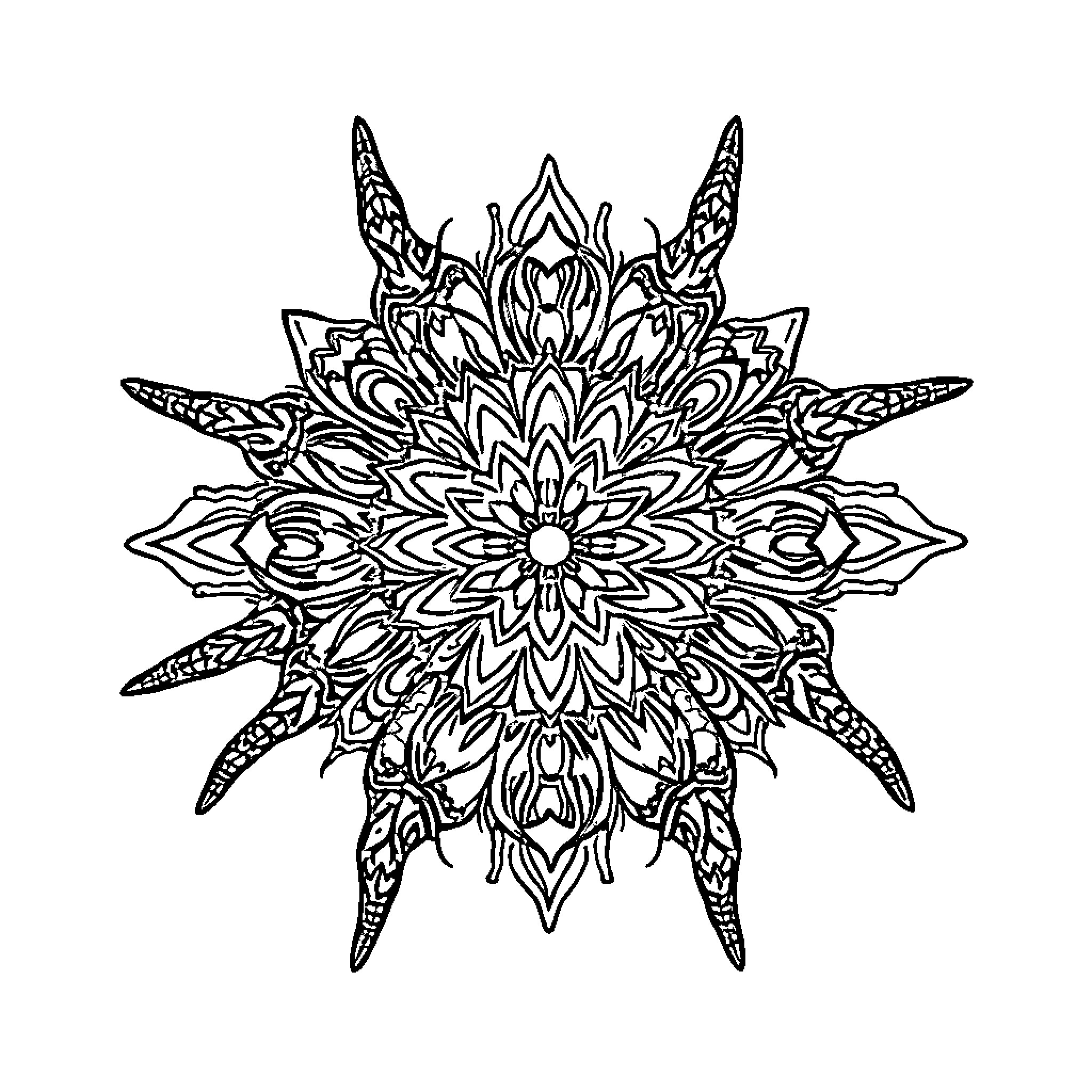 Spider-shaped intricate mandala design Coloring Page (free black-and-white line drawing printable PDF for all, from beginners to advanced learners, including children, teens, adults, and seniors)