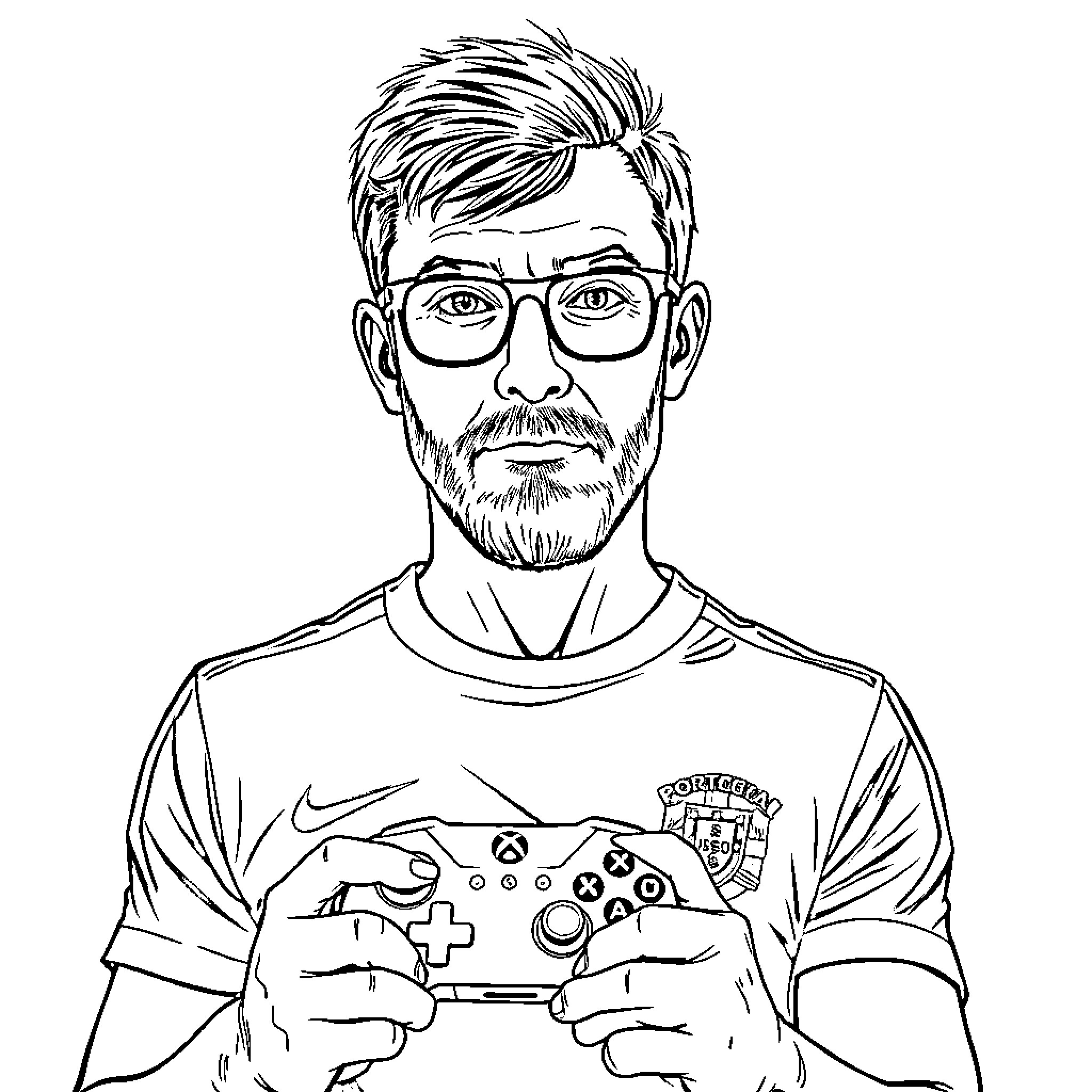 Man playing video game with intense concentration Coloring Page (free black-and-white line drawing printable PDF for all, from beginners to advanced learners, including children, teens, adults, and seniors)
