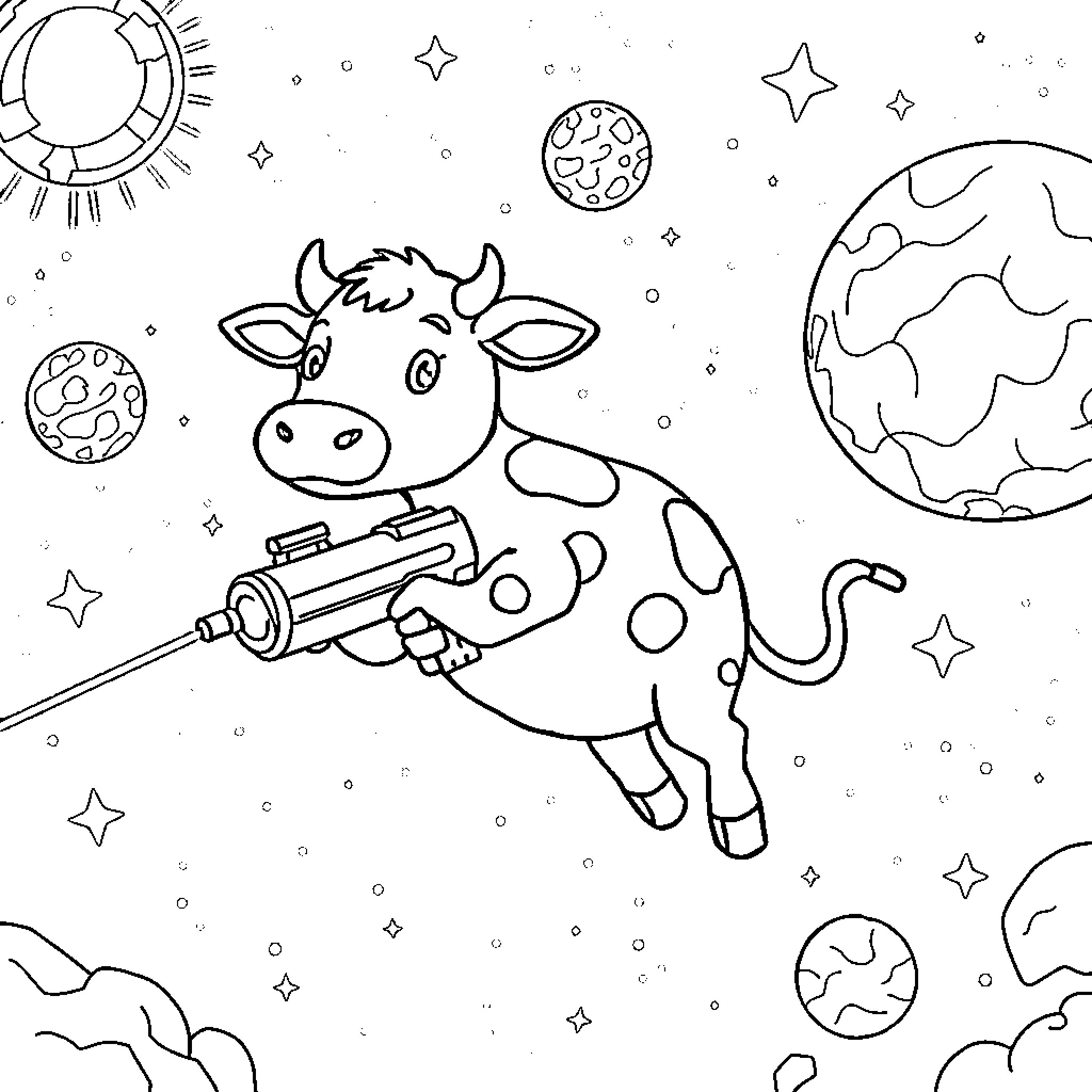 Cow flying in outer space with laser gun Coloring Page (free black-and-white line drawing printable PDF for all, from beginners to advanced learners, including children, teens, adults, and seniors)