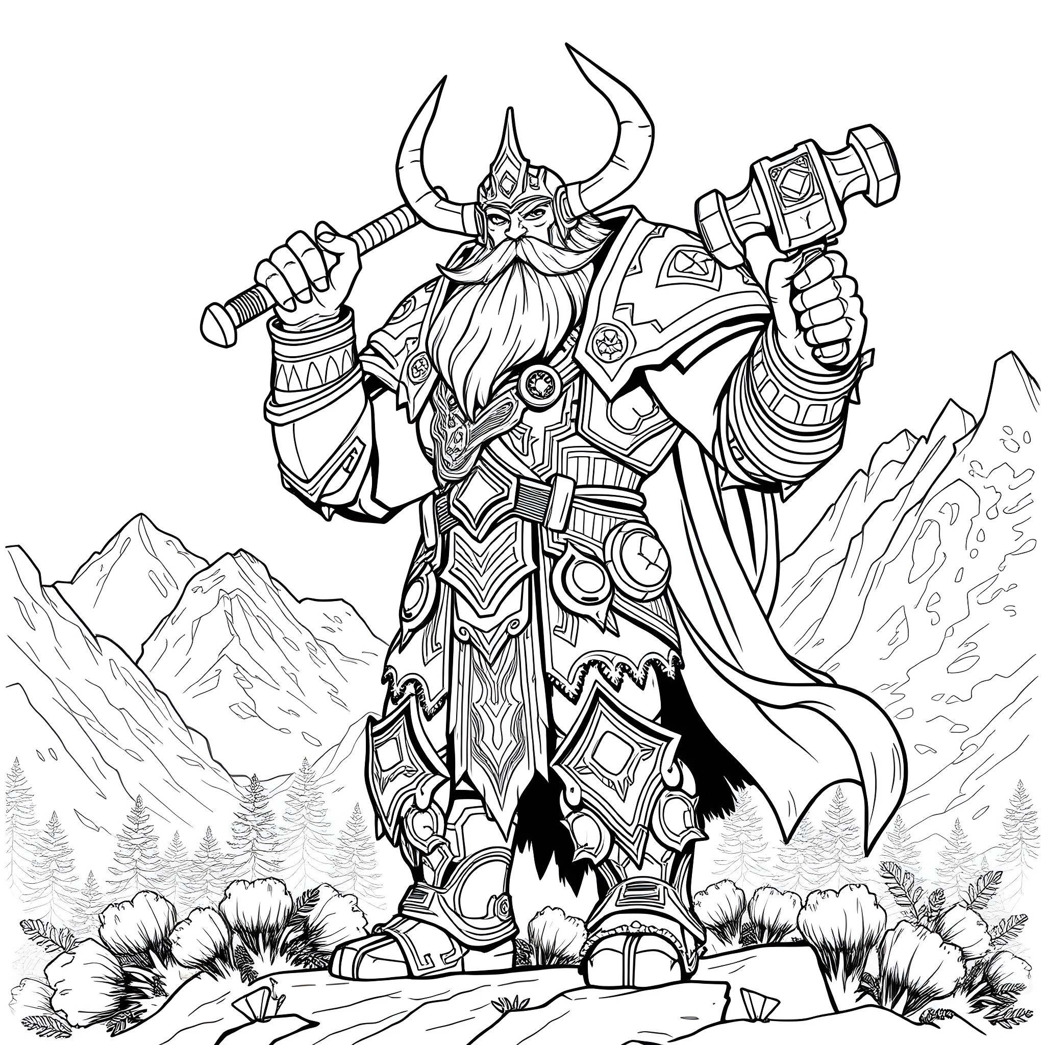 Tauren warrior wielding mighty weapons in an epic mountainous landscape Coloring Page (free black-and-white line drawing printable PDF for all, from beginners to advanced learners, including children, teens, adults, and seniors)
