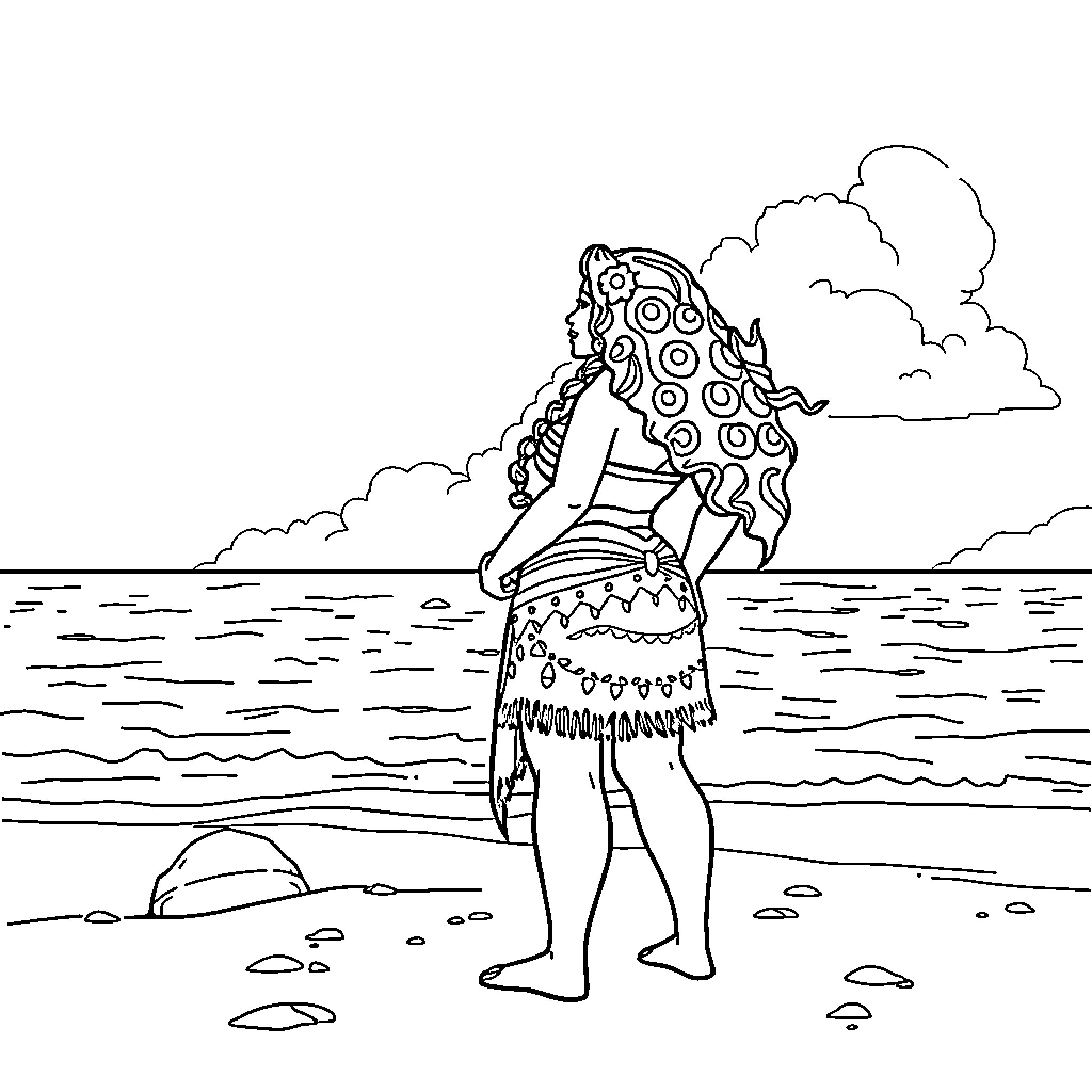 Moana exploring the ocean beach with curiosity Coloring Page (free black-and-white line drawing printable PDF for all, from beginners to advanced learners, including children, teens, adults, and seniors)