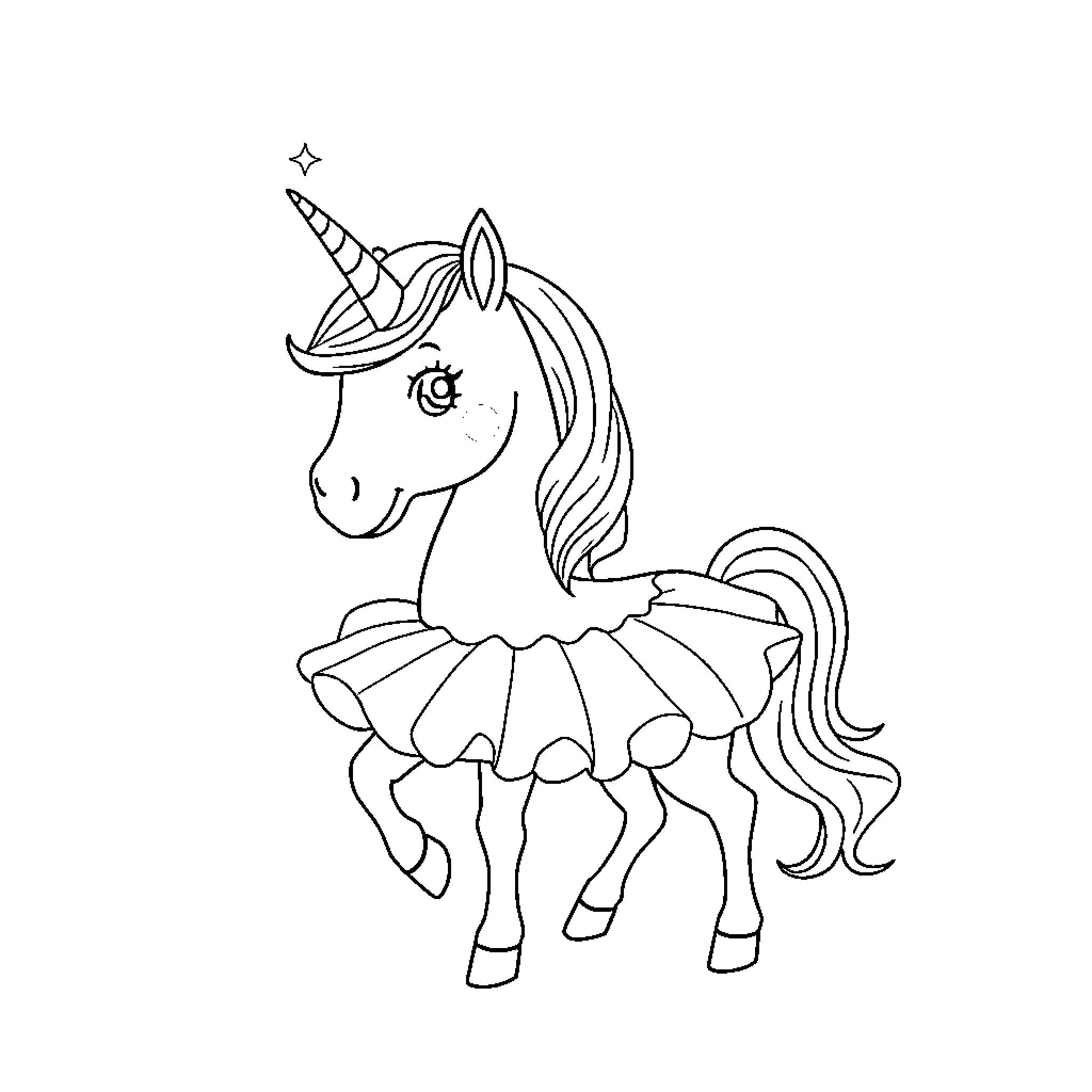 Unicorn dancing elegantly in a whimsical outfit Coloring Page (free black-and-white line drawing printable PDF for all, from beginners to advanced learners, including children, teens, adults, and seniors)