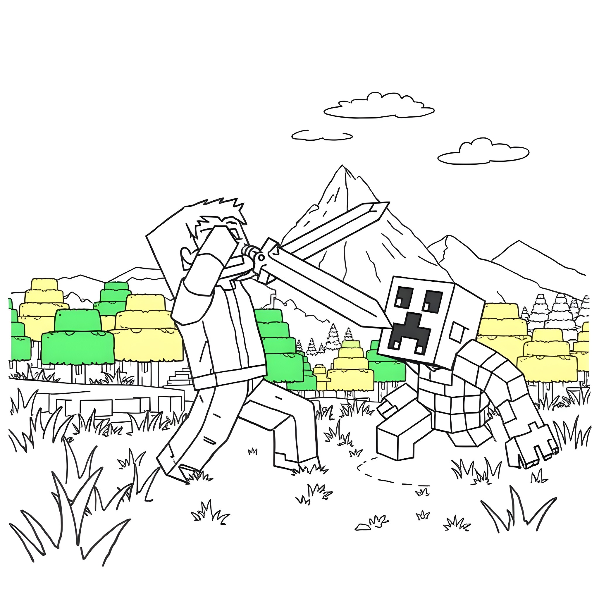 Minecraft character exploring mountainous landscape Coloring Page (free black-and-white line drawing printable PDF for all, from beginners to advanced learners, including children, teens, adults, and seniors)