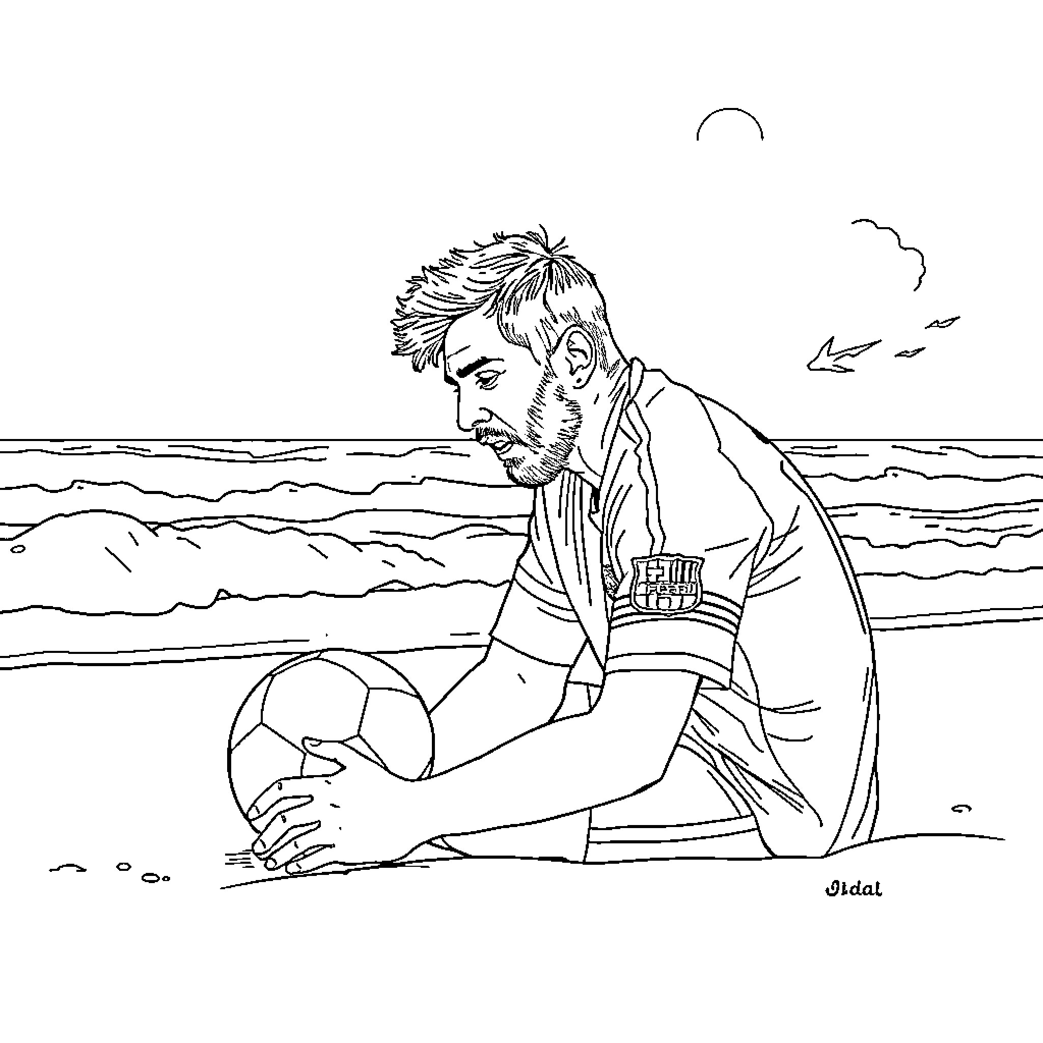Messi contemplating on the beach Coloring Page (free black-and-white line drawing printable PDF for all, from beginners to advanced learners, including children, teens, adults, and seniors)
