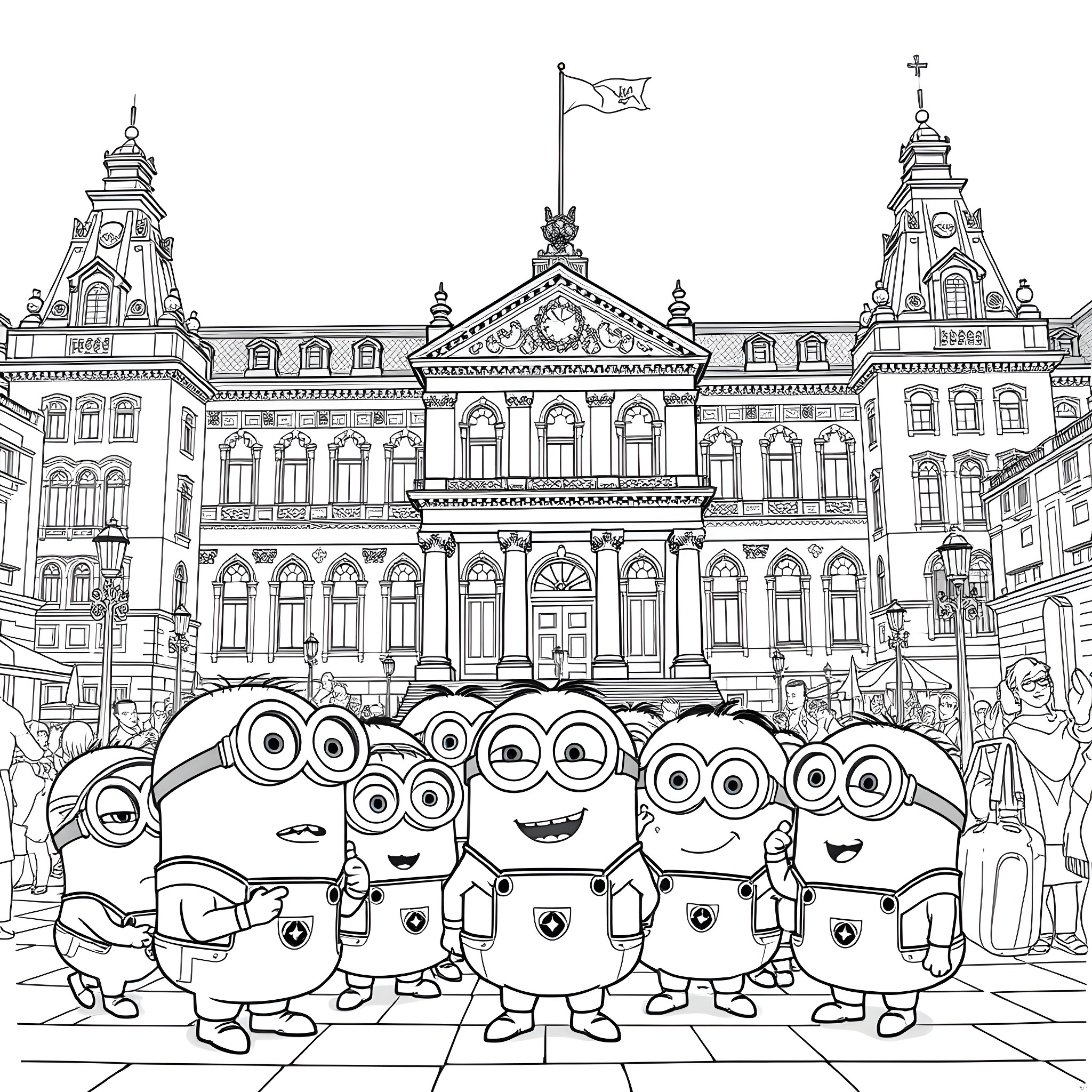 Minions enjoying a day out in the city Coloring Page (free black-and-white line drawing printable PDF for all, from beginners to advanced learners, including children, teens, adults, and seniors)