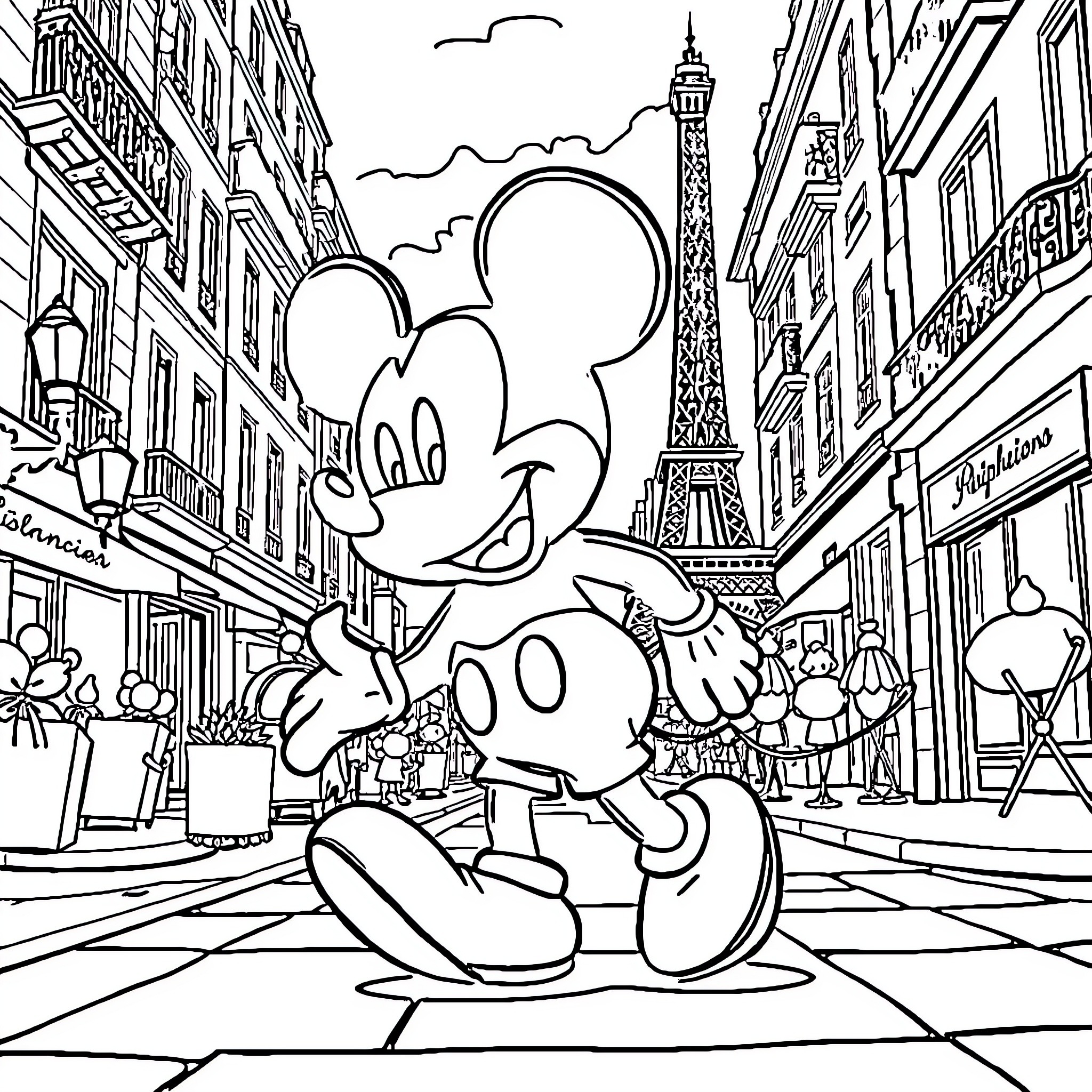 Mickey Exploring the Magical City of Paris Coloring Page (free black-and-white line drawing printable PDF for all, from beginners to advanced learners, including children, teens, adults, and seniors)