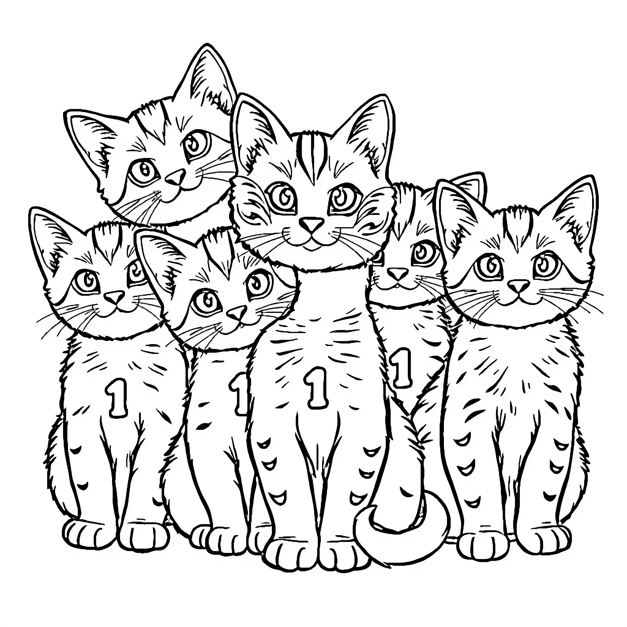 Kittens gathered together in a group Coloring Page (free black-and-white line drawing printable PDF for all, from beginners to advanced learners, including children, teens, adults, and seniors)