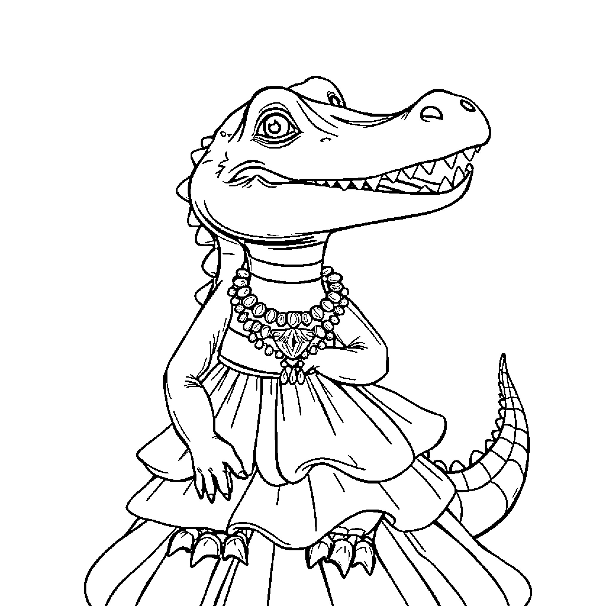 Crocodile dressed in elegant attire Coloring Page (free black-and-white line drawing printable PDF for all, from beginners to advanced learners, including children, teens, adults, and seniors)