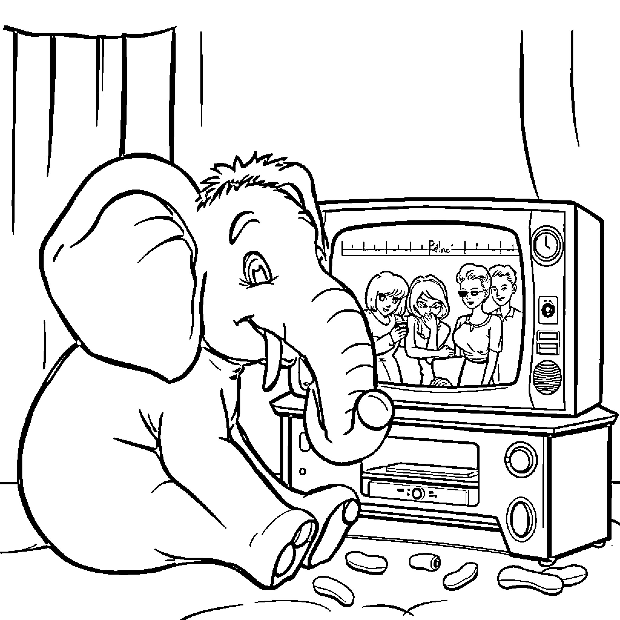 Elephant watching television with people Coloring Page (free black-and-white line drawing printable PDF for all, from beginners to advanced learners, including children, teens, adults, and seniors)
