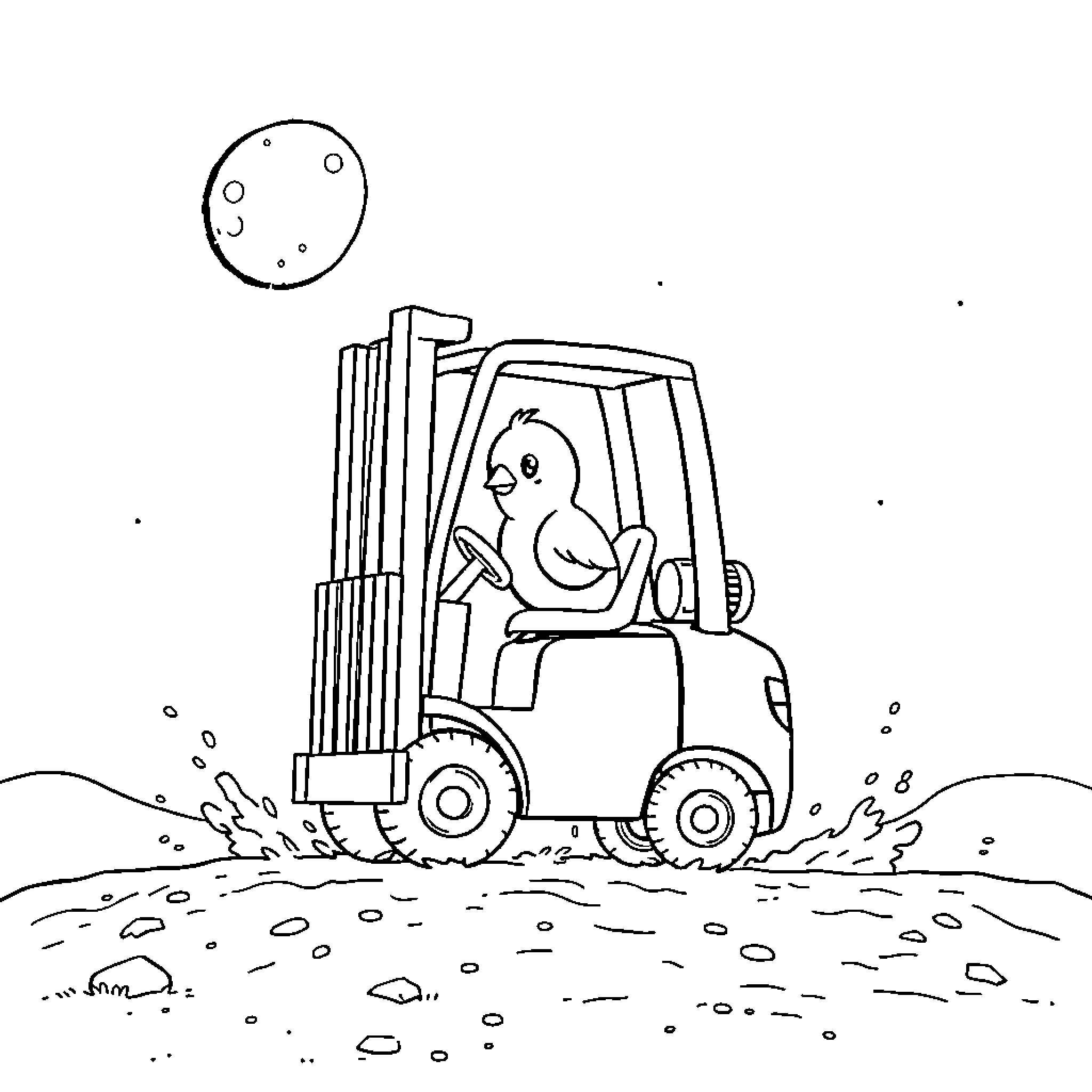 Forklift with a mischievous chick driver Coloring Page (free black-and-white line drawing printable PDF for all, from beginners to advanced learners, including children, teens, adults, and seniors)