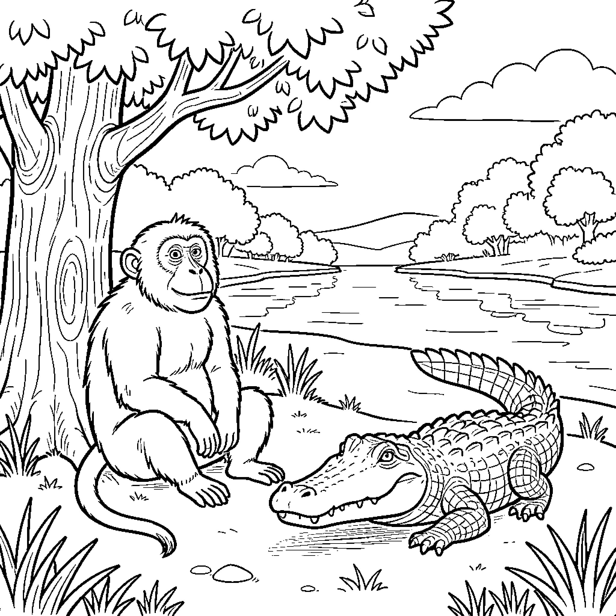 Baboon interacting with crocodile in natural setting Coloring Page (free black-and-white line drawing printable PDF for all, from beginners to advanced learners, including children, teens, adults, and seniors)
