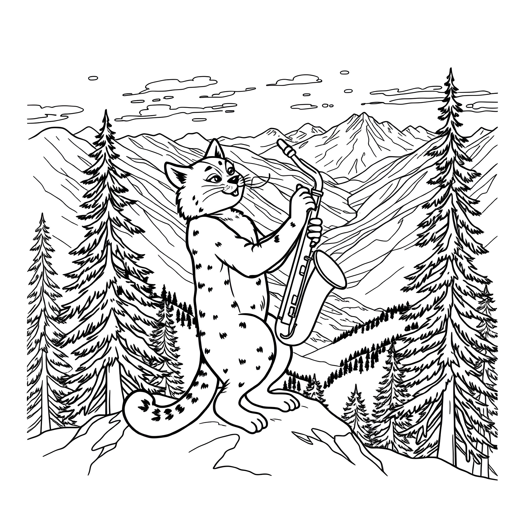 Cougar playing saxophone in snowy mountain landscape Coloring Page (free black-and-white line drawing printable PDF for all, from beginners to advanced learners, including children, teens, adults, and seniors)