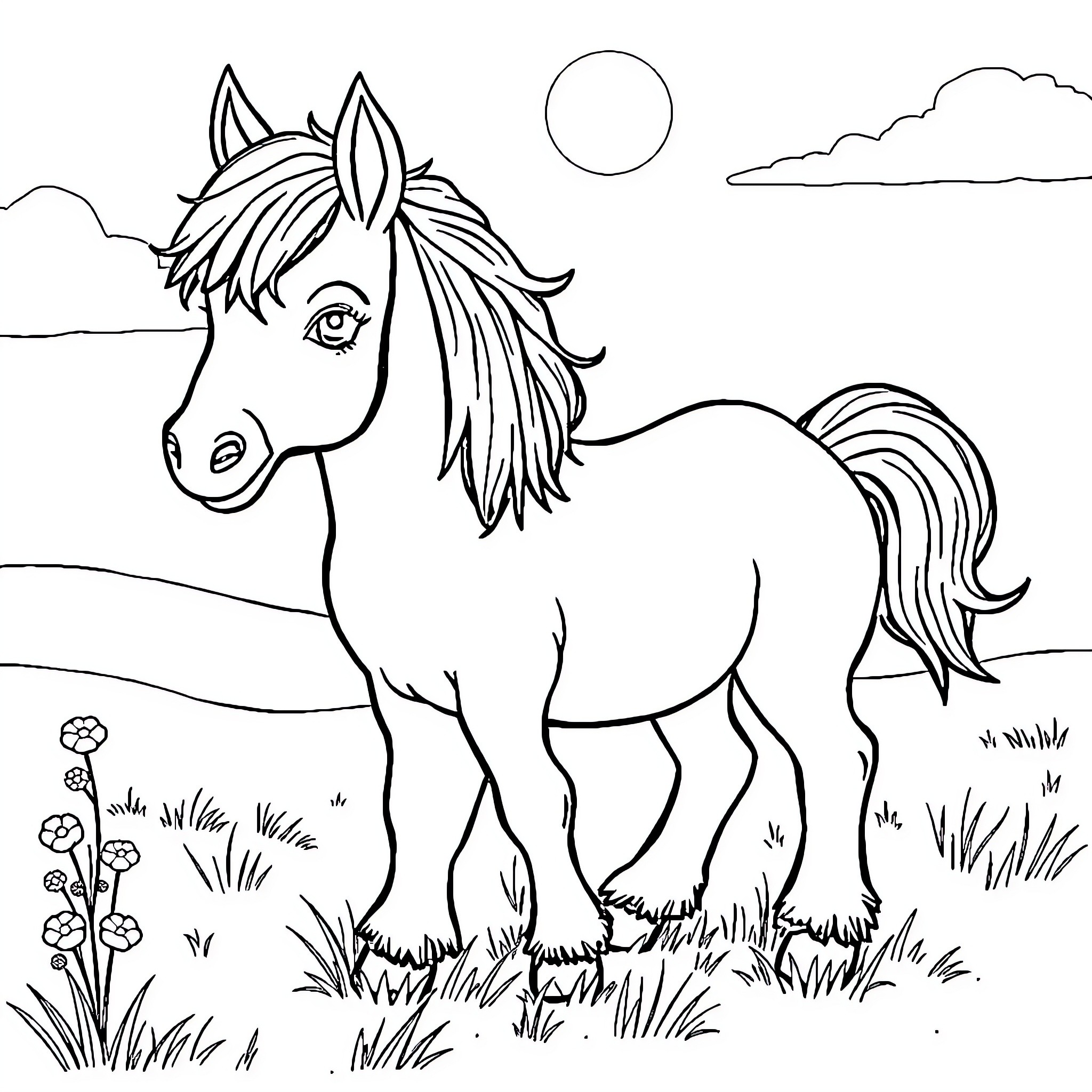 Pony standing peacefully in a meadow Coloring Page (free black-and-white line drawing printable PDF for all, from beginners to advanced learners, including children, teens, adults, and seniors)