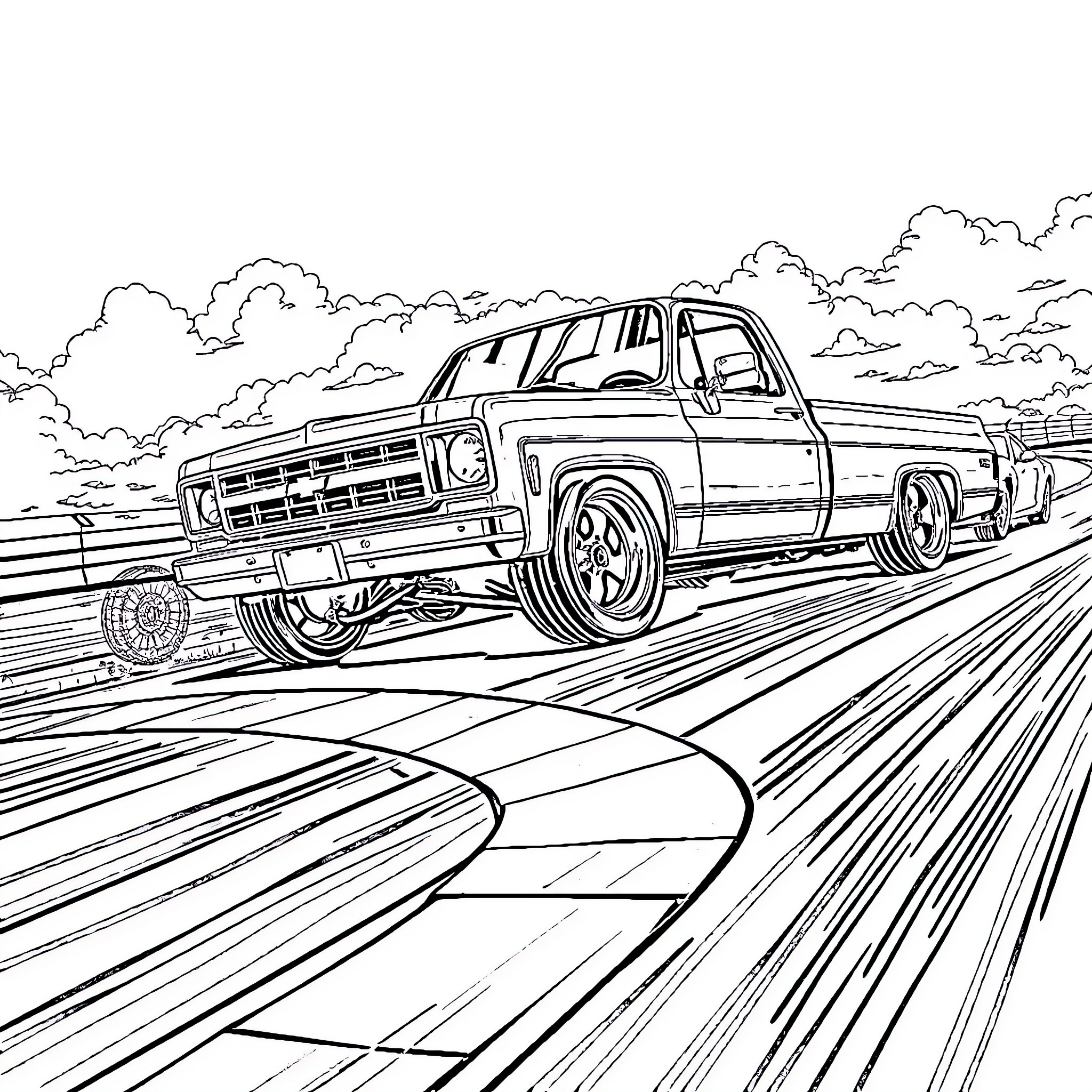 Chevy Pickup speeding down the open road Coloring Page (free black-and-white line drawing printable PDF for all, from beginners to advanced learners, including children, teens, adults, and seniors)
