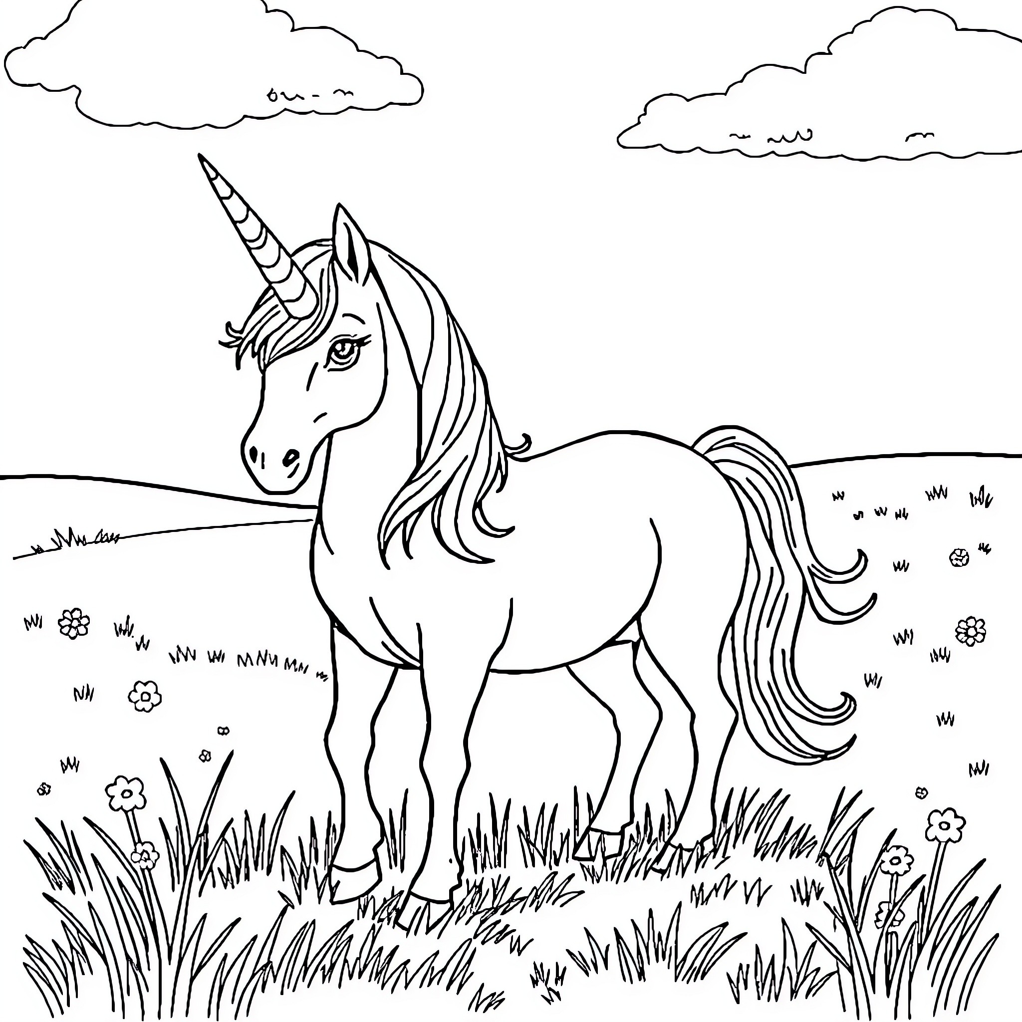 Unicorn standing in the meadow with clouds Coloring Page (free black-and-white line drawing printable PDF for all, from beginners to advanced learners, including children, teens, adults, and seniors)