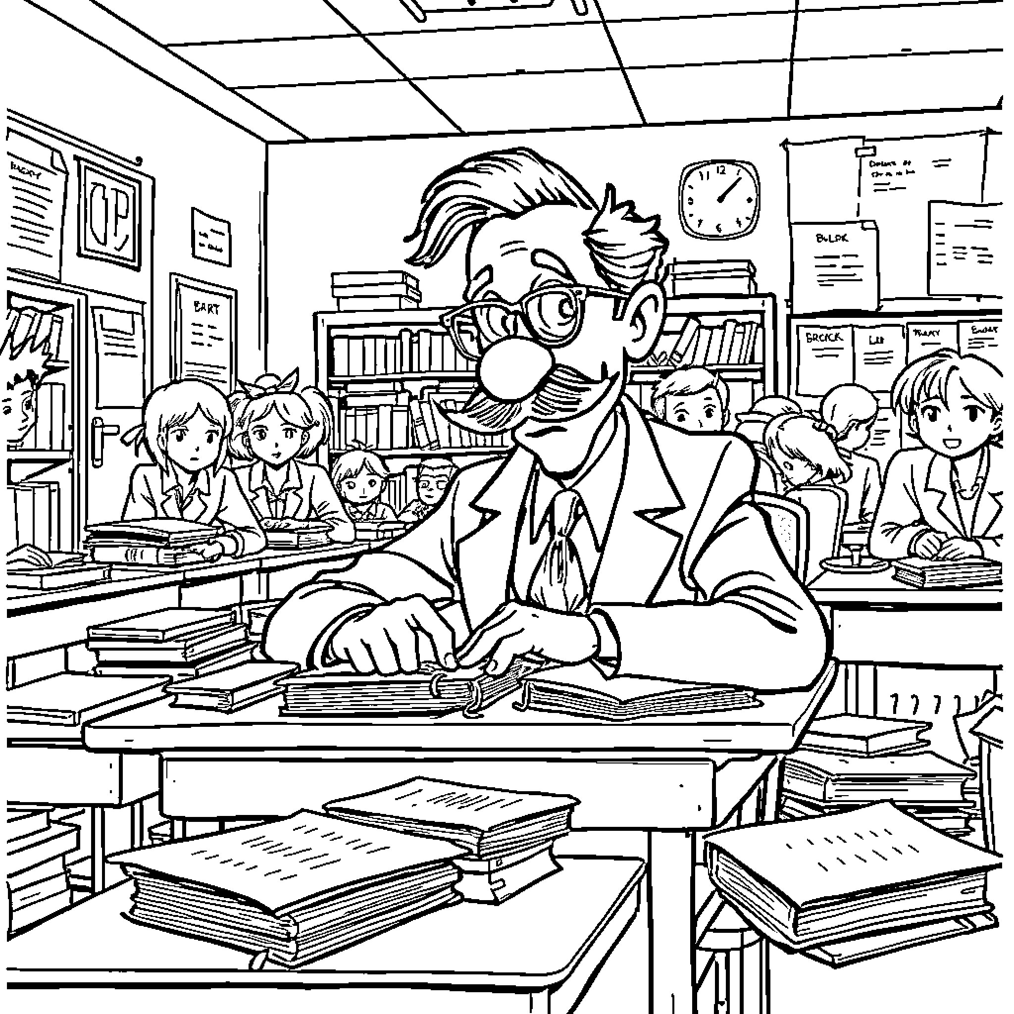Groucho Marx as Eccentric Teacher in Classroom Coloring Page (free black-and-white line drawing printable PDF for all, from beginners to advanced learners, including children, teens, adults, and seniors)