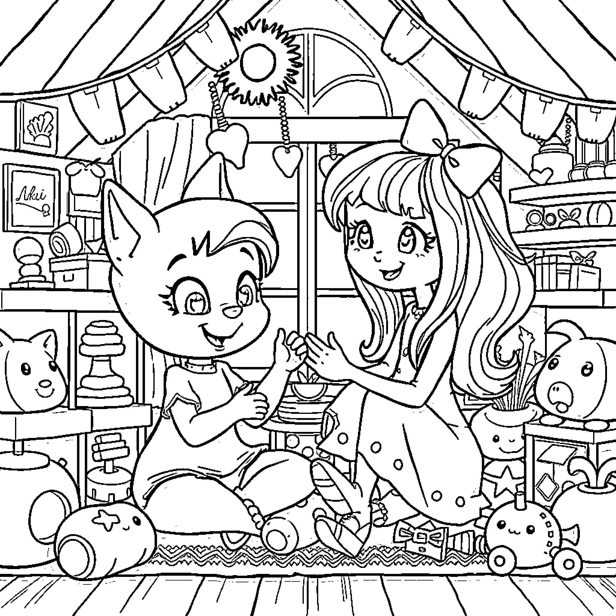 Bluey's Playful Adventure in a Cozy Bedroom Coloring Page (free black-and-white line drawing printable PDF for all, from beginners to advanced learners, including children, teens, adults, and seniors)