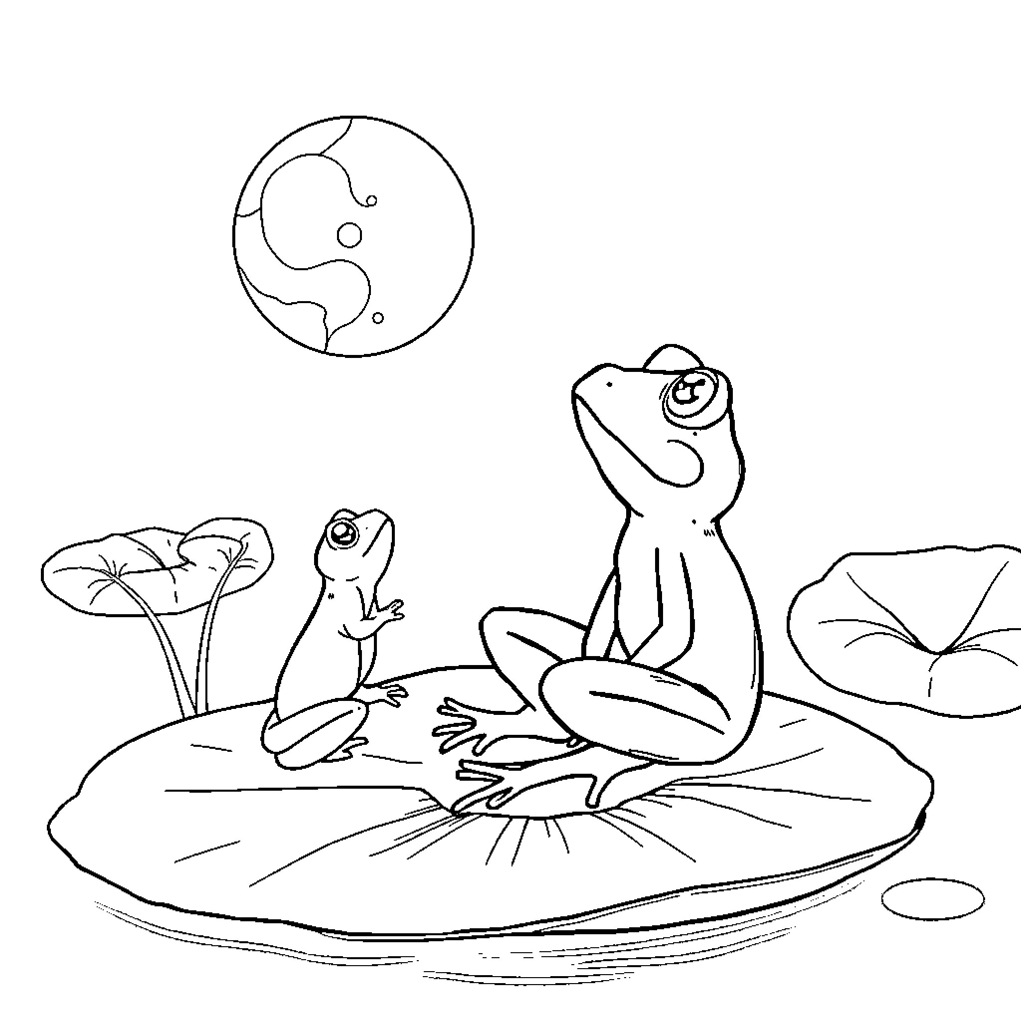 Frog resting on lily pad under starry sky Coloring Page (free black-and-white line drawing printable PDF for all, from beginners to advanced learners, including children, teens, adults, and seniors)
