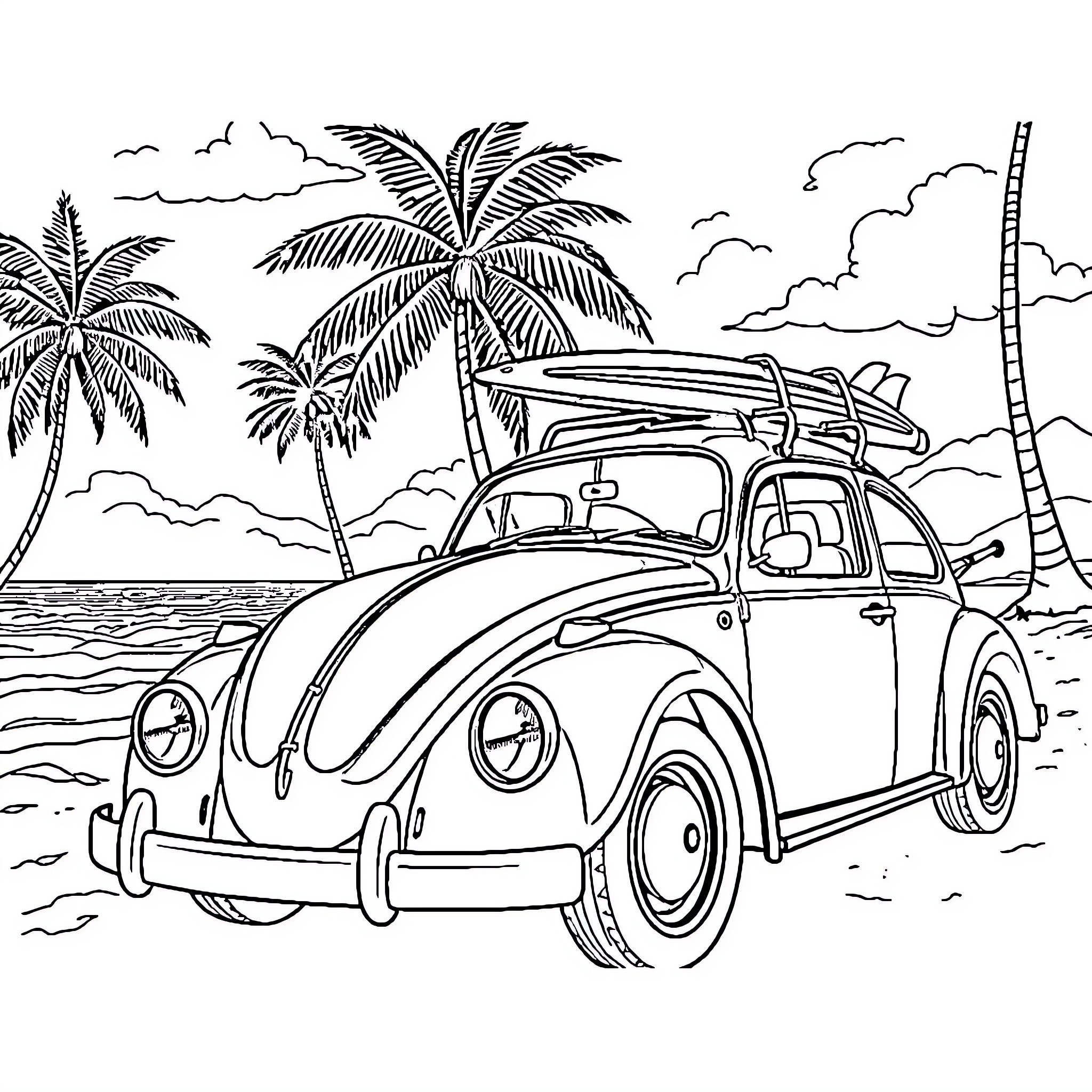 VW Beetle on a tropical beach adventure Coloring Page (free black-and-white line drawing printable PDF for all, from beginners to advanced learners, including children, teens, adults, and seniors)